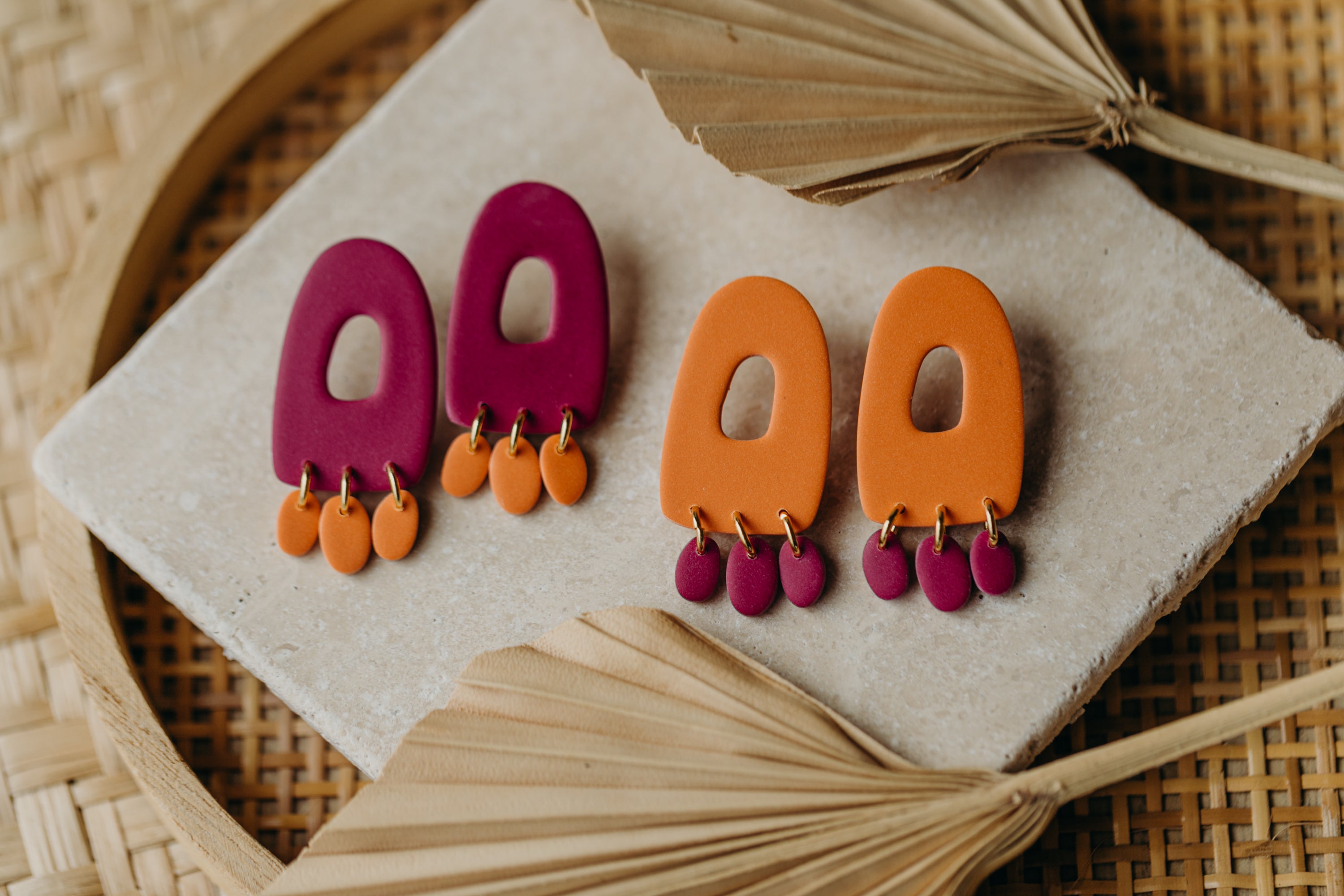 Francesca - Polymer clay earrings in orange, light purple and red