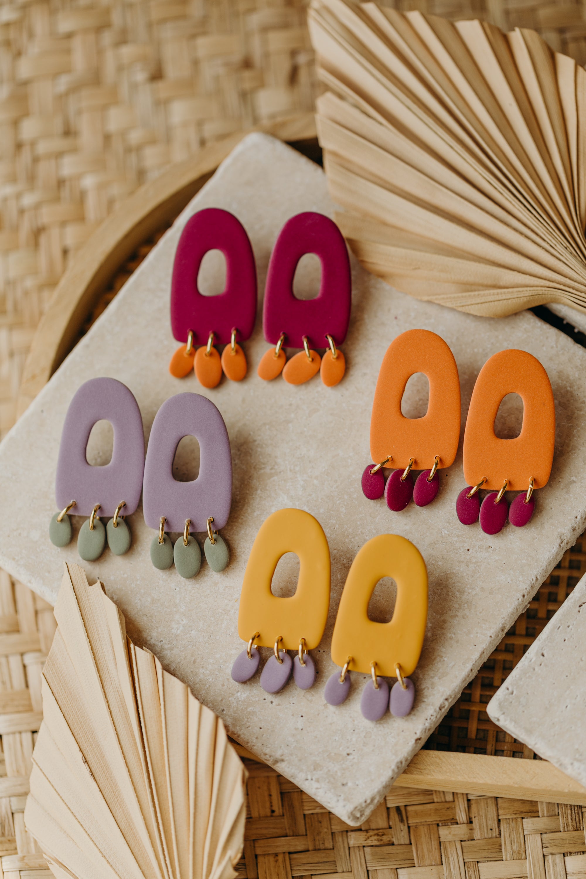 Francesca - Polymer clay earrings in orange, light purple and red