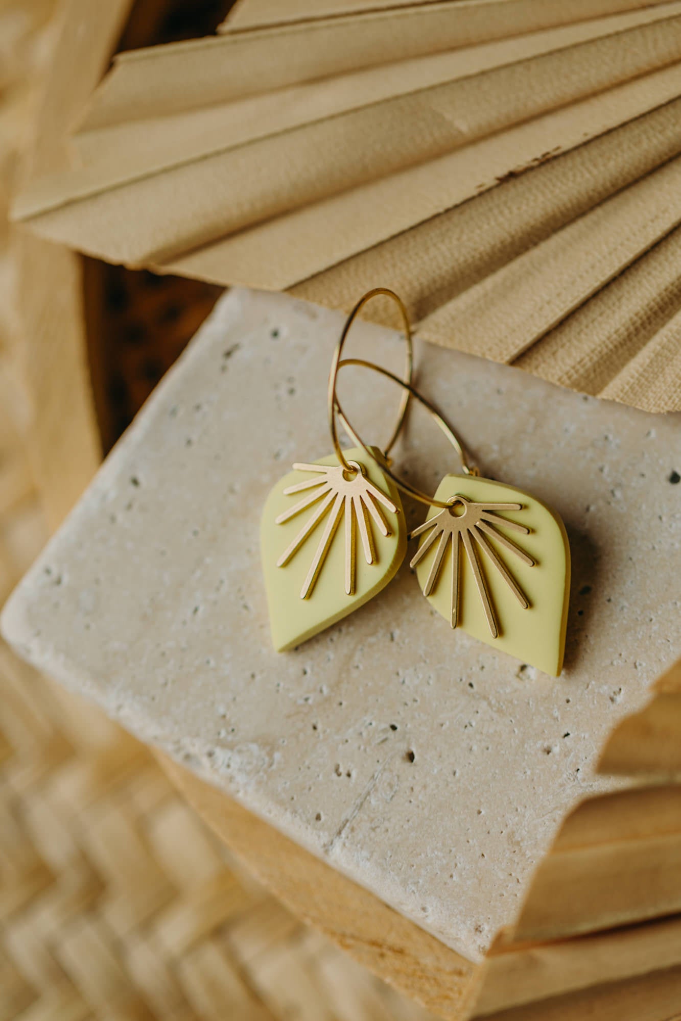 ARIA - Polymer Clay Pastel Yellow Hoop Earrings with Brass Fan Charms