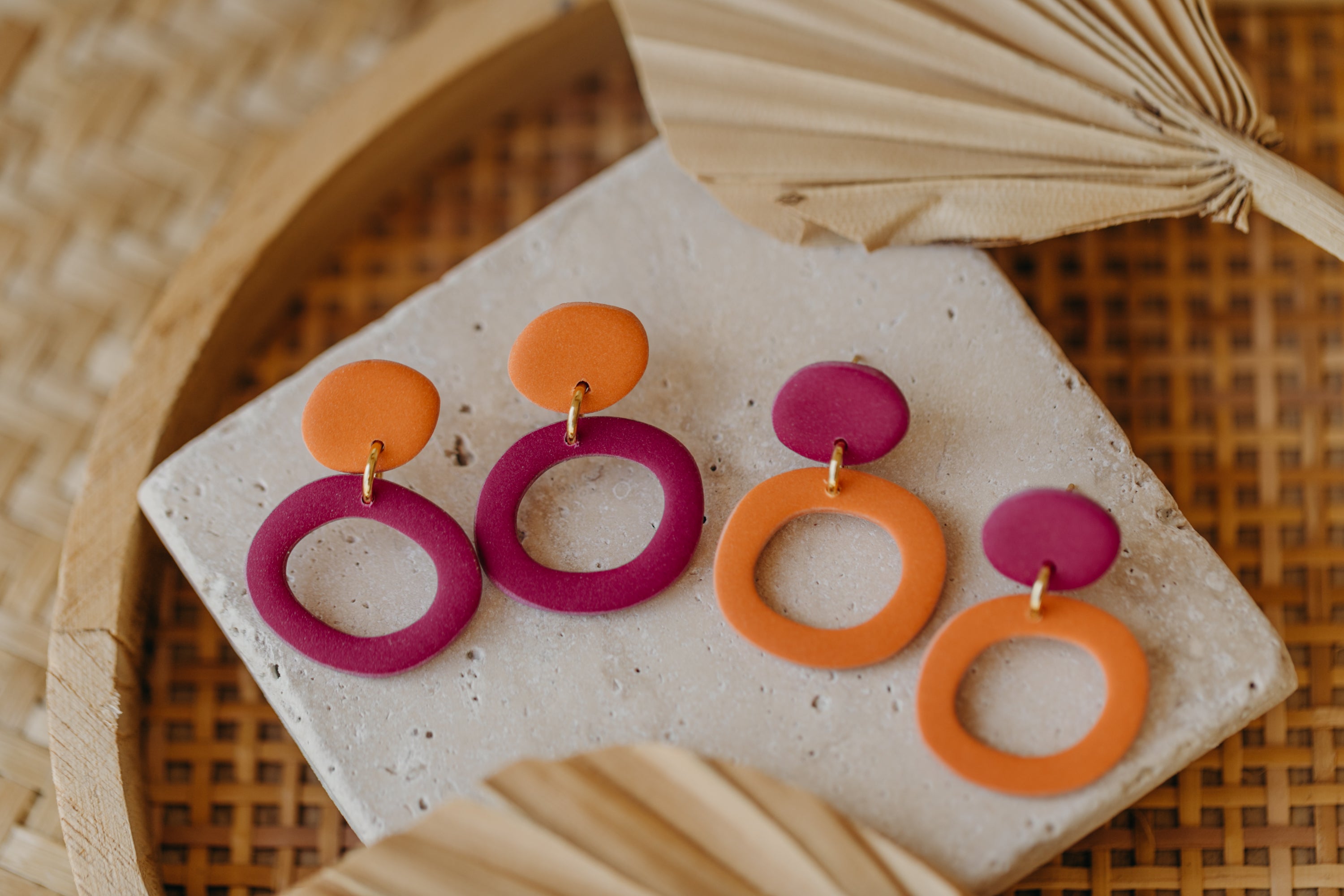 Francesca - Polymer clay earrings in orange, light purple and red