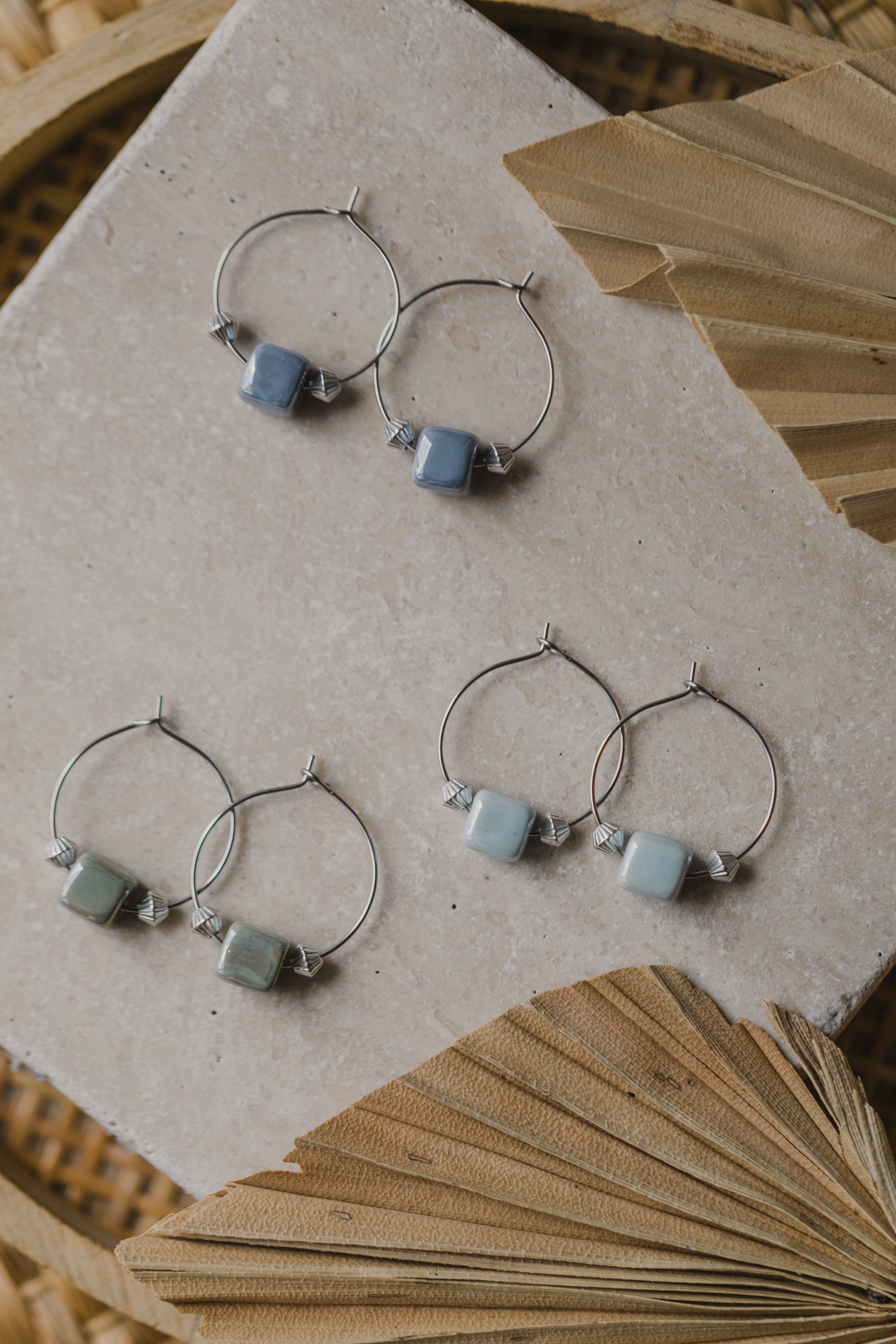 silver hoop earrings with ceramic beads