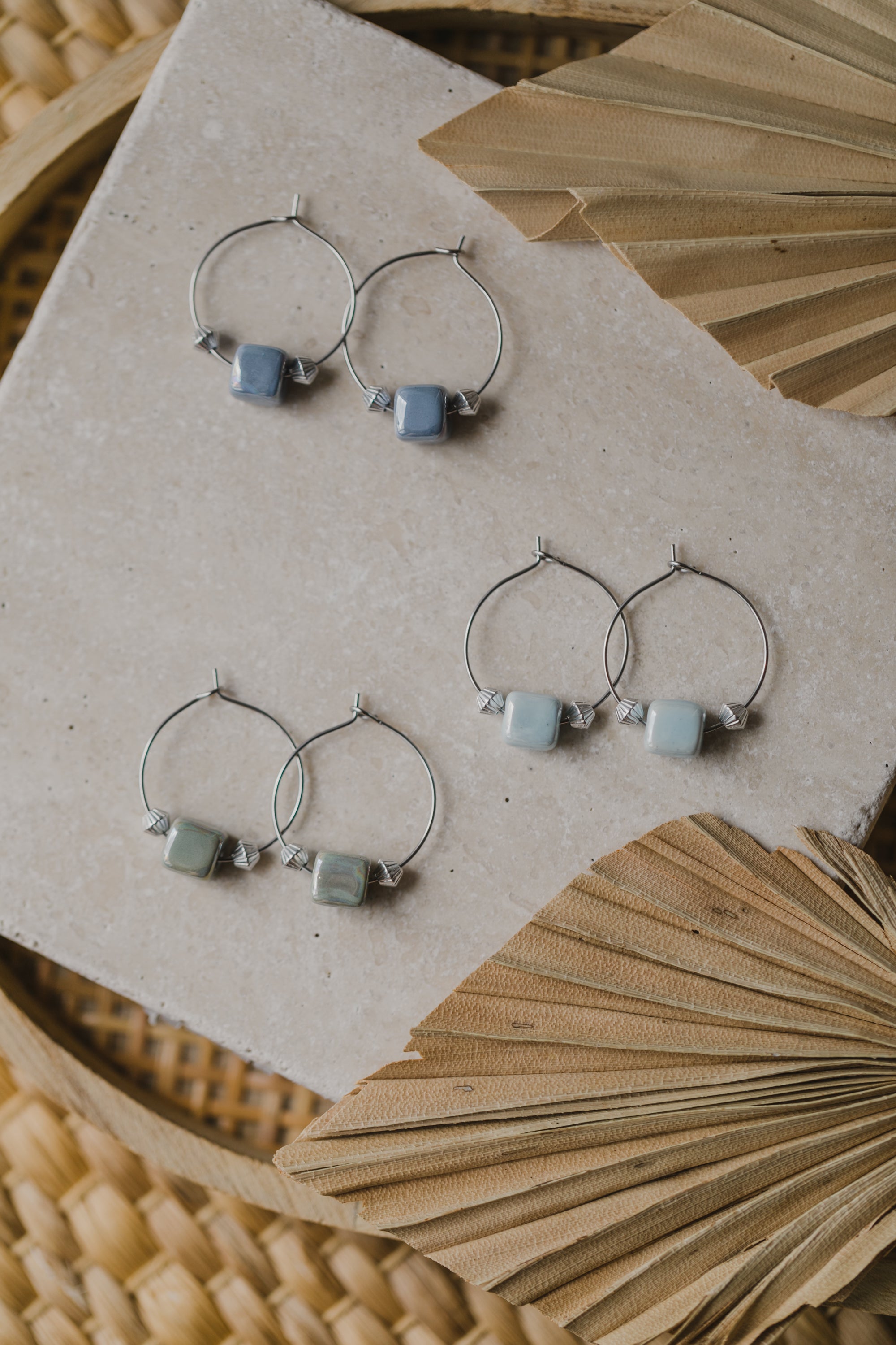 silver hoop earrings with ceramic beads