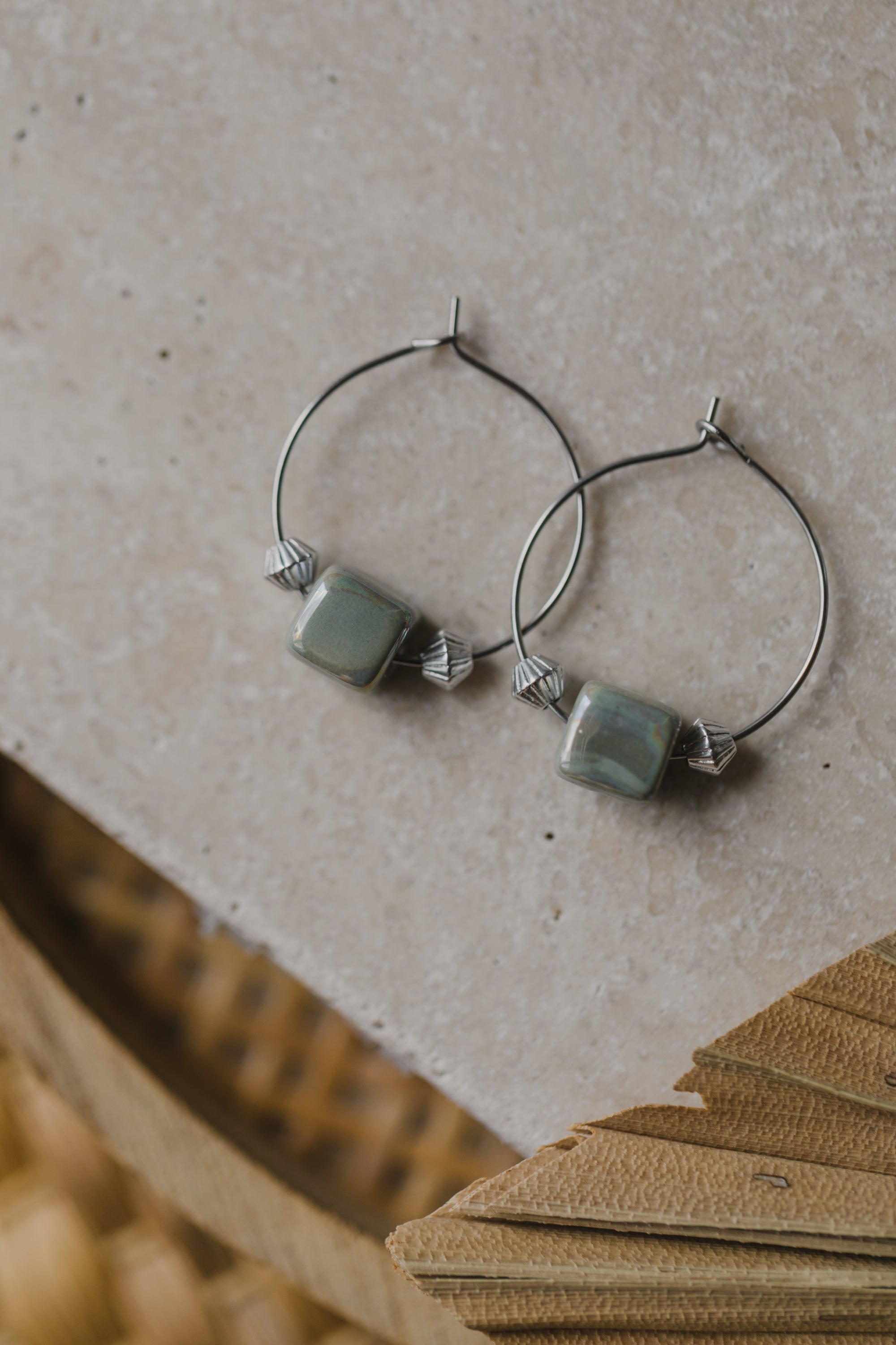 silver hoop earrings with ceramic beads