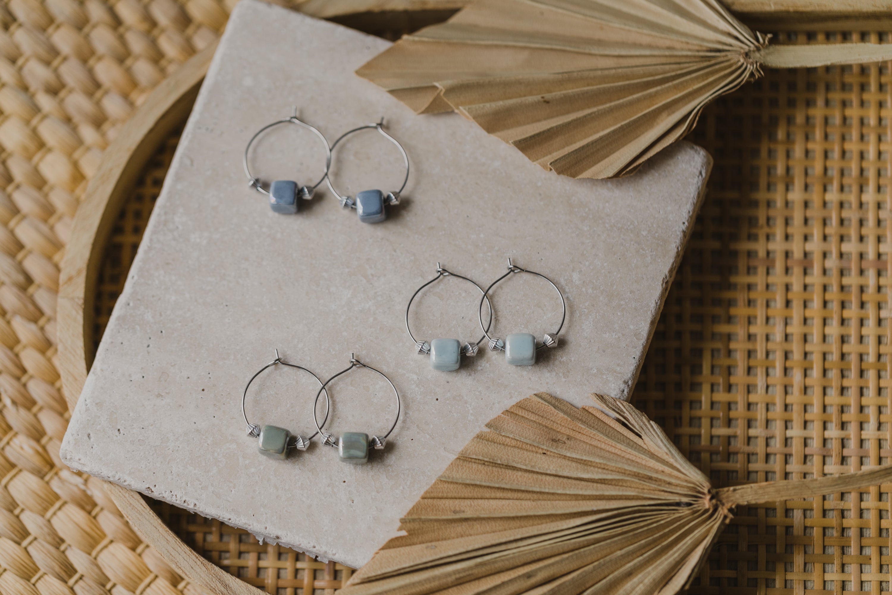 silver hoop earrings with ceramic beads