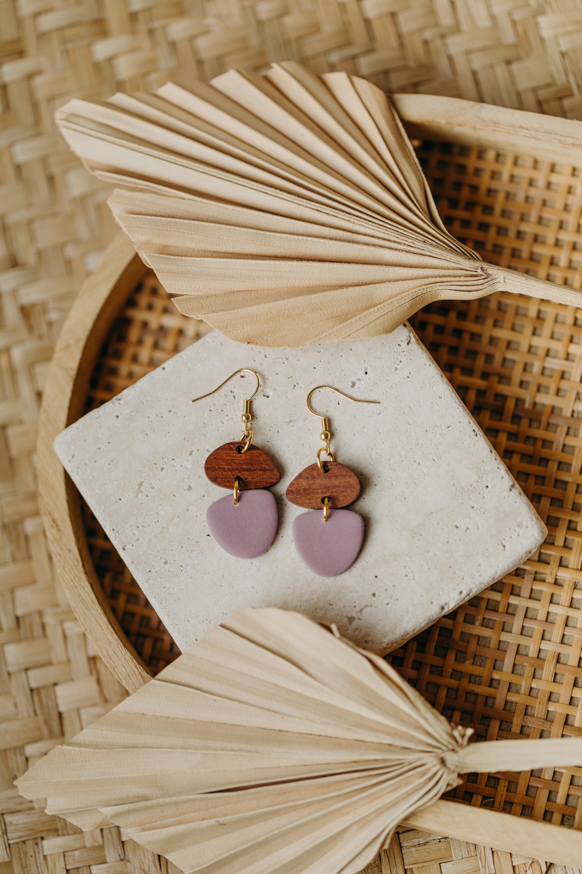 triangular polymer clay earrings in eucalyptus green with rectangular wooden pendant