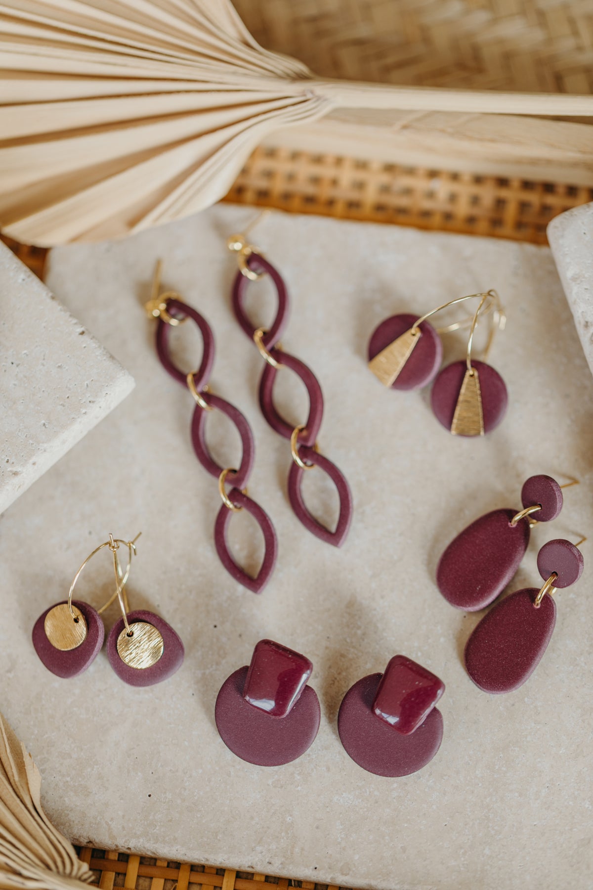SASKIA - lange dreiteilige merlot farbene Ohrringe aus Polymer Ton