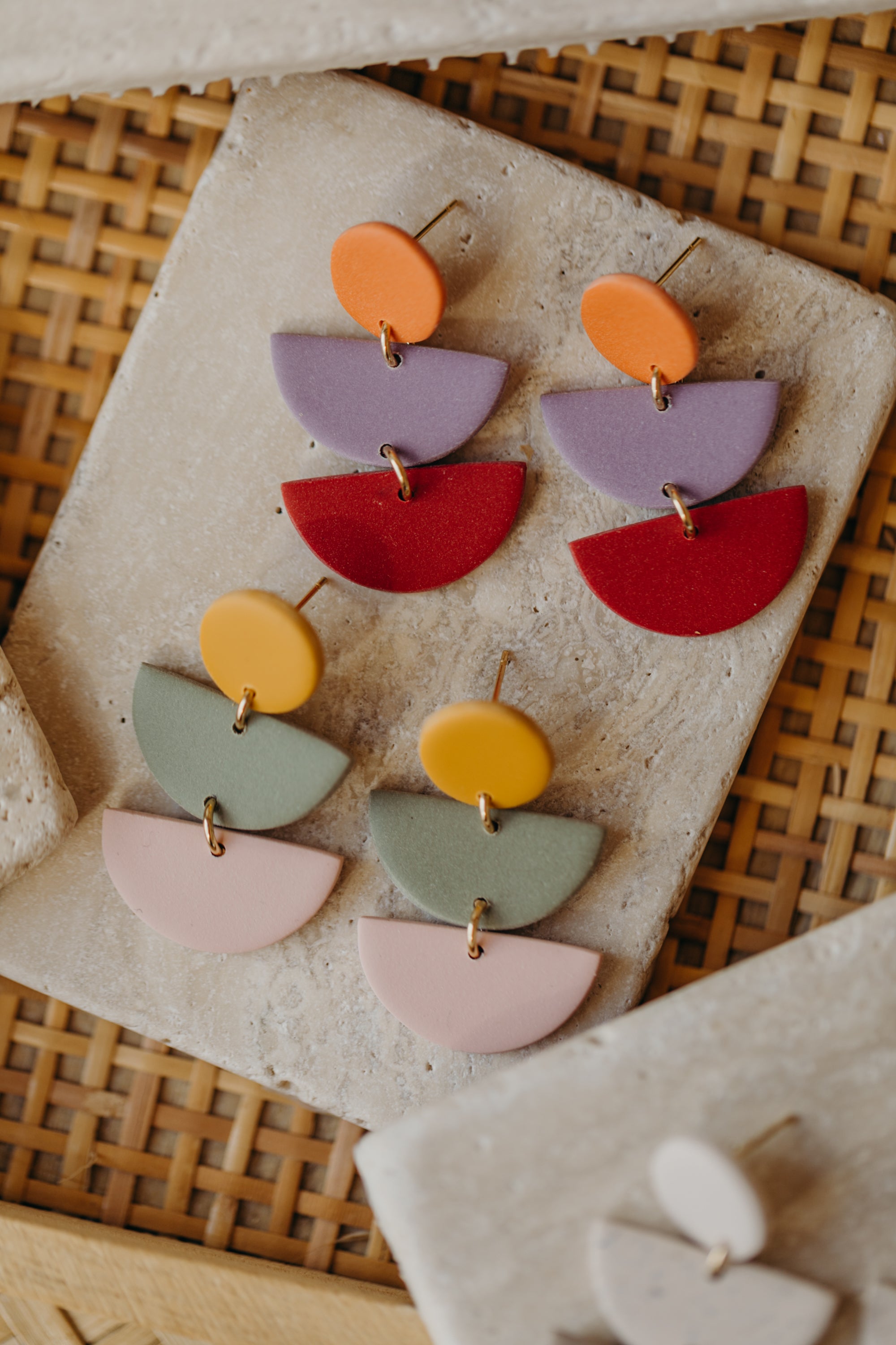 FRANCESCA - Polymer clay earrings in mustard yellow, pink and eucalyptus green