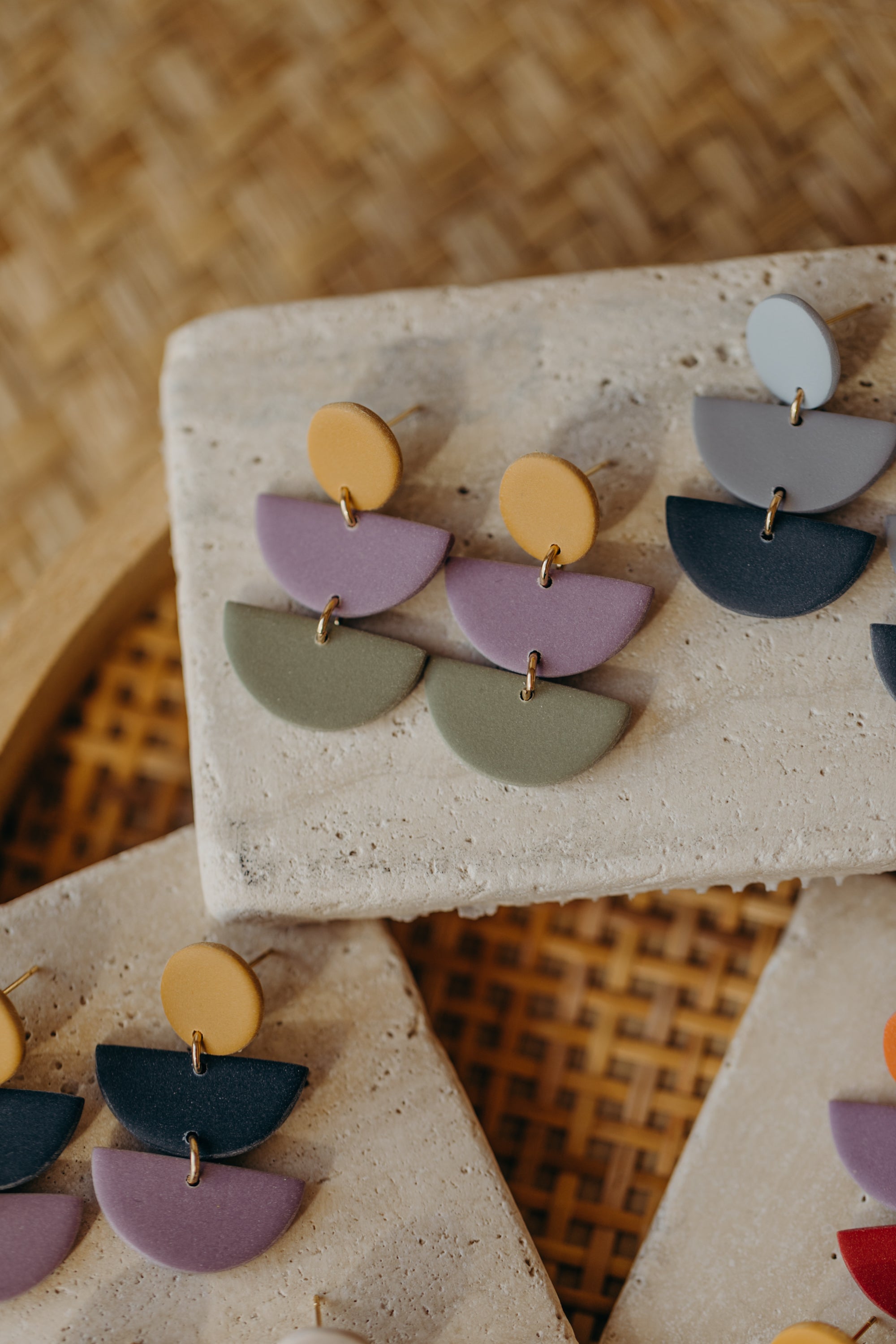 FRANCESCA - Polymer clay earrings in soft mustard yellow, light purple and eucalyptus green
