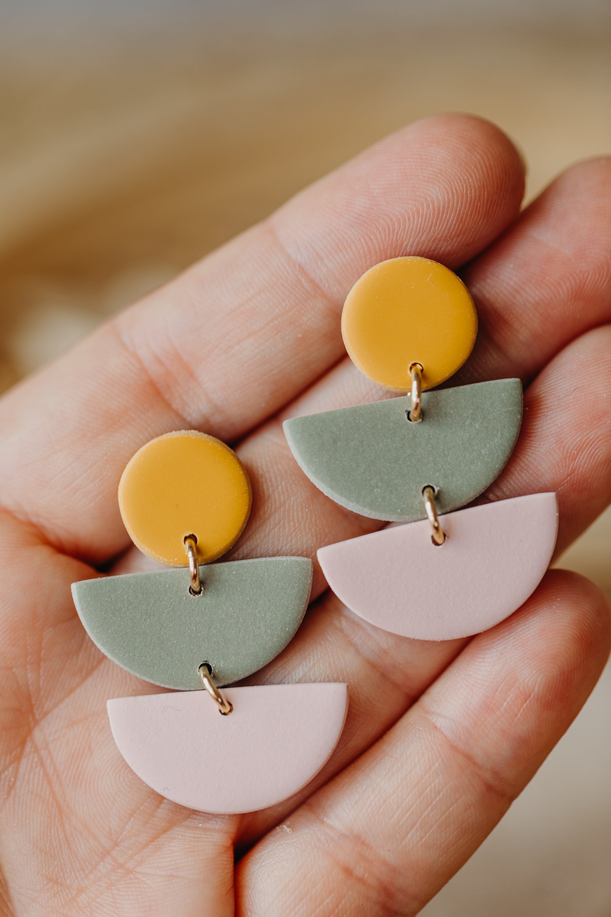 FRANCESCA - Polymer clay earrings in mustard yellow, pink and eucalyptus green
