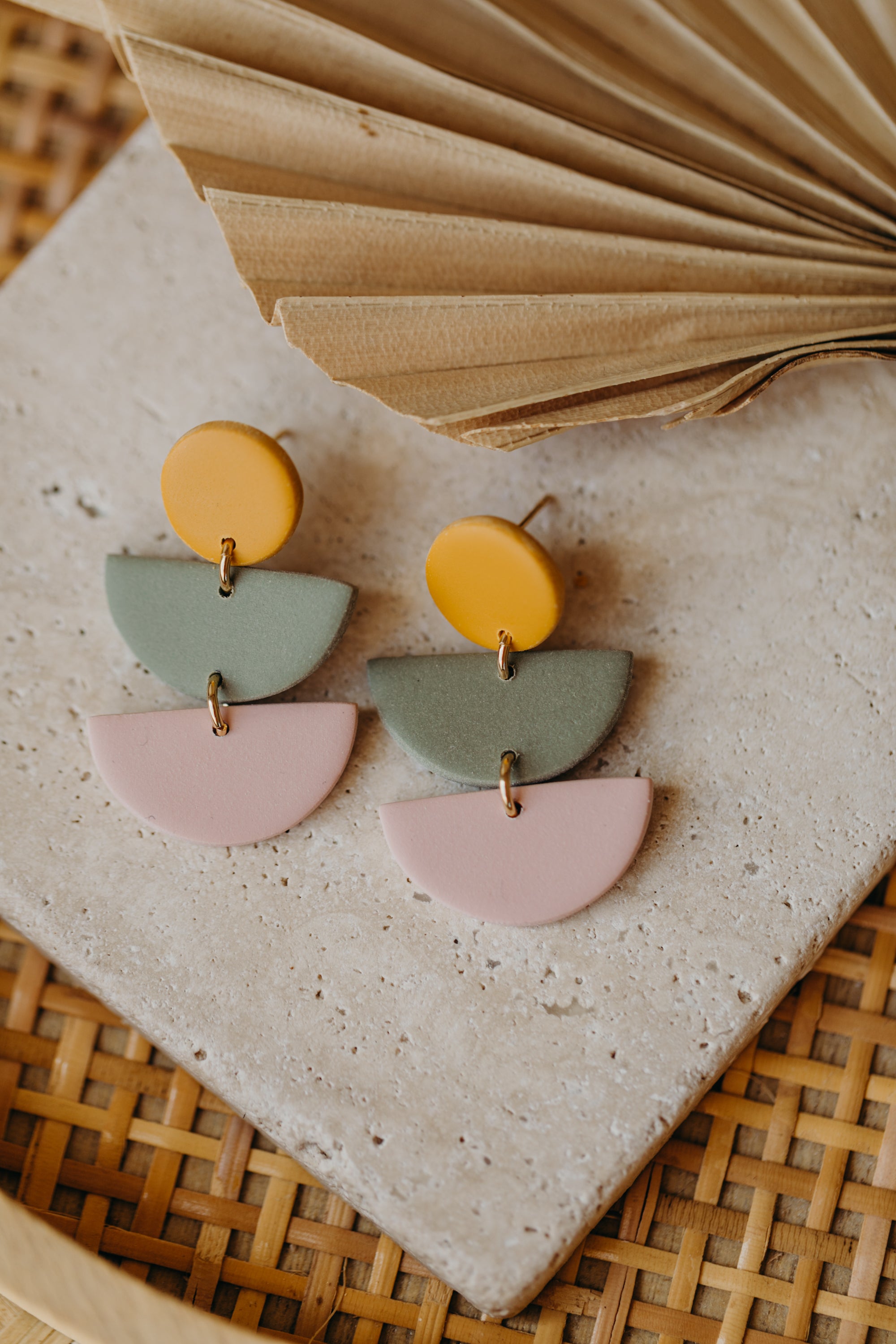 FRANCESCA - Polymer clay earrings in mustard yellow, pink and eucalyptus green