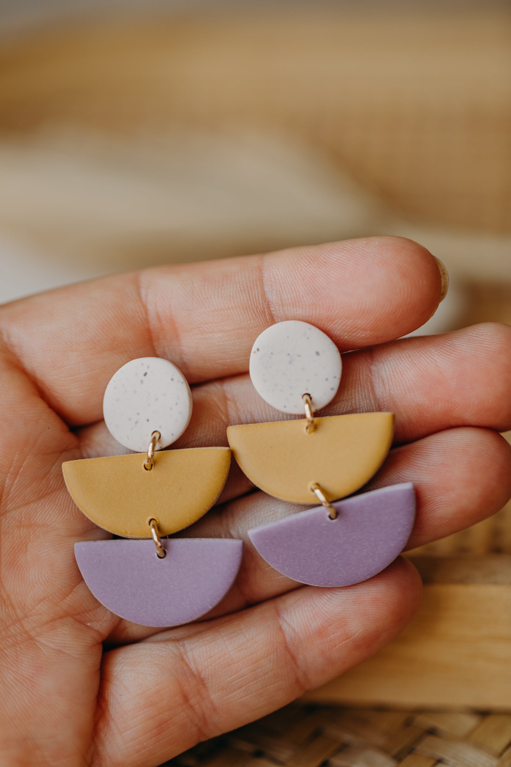 FRANCESCA - Polymer Ton Ohrringe in Kalk, Softes Senfgelb und Hellem Lila