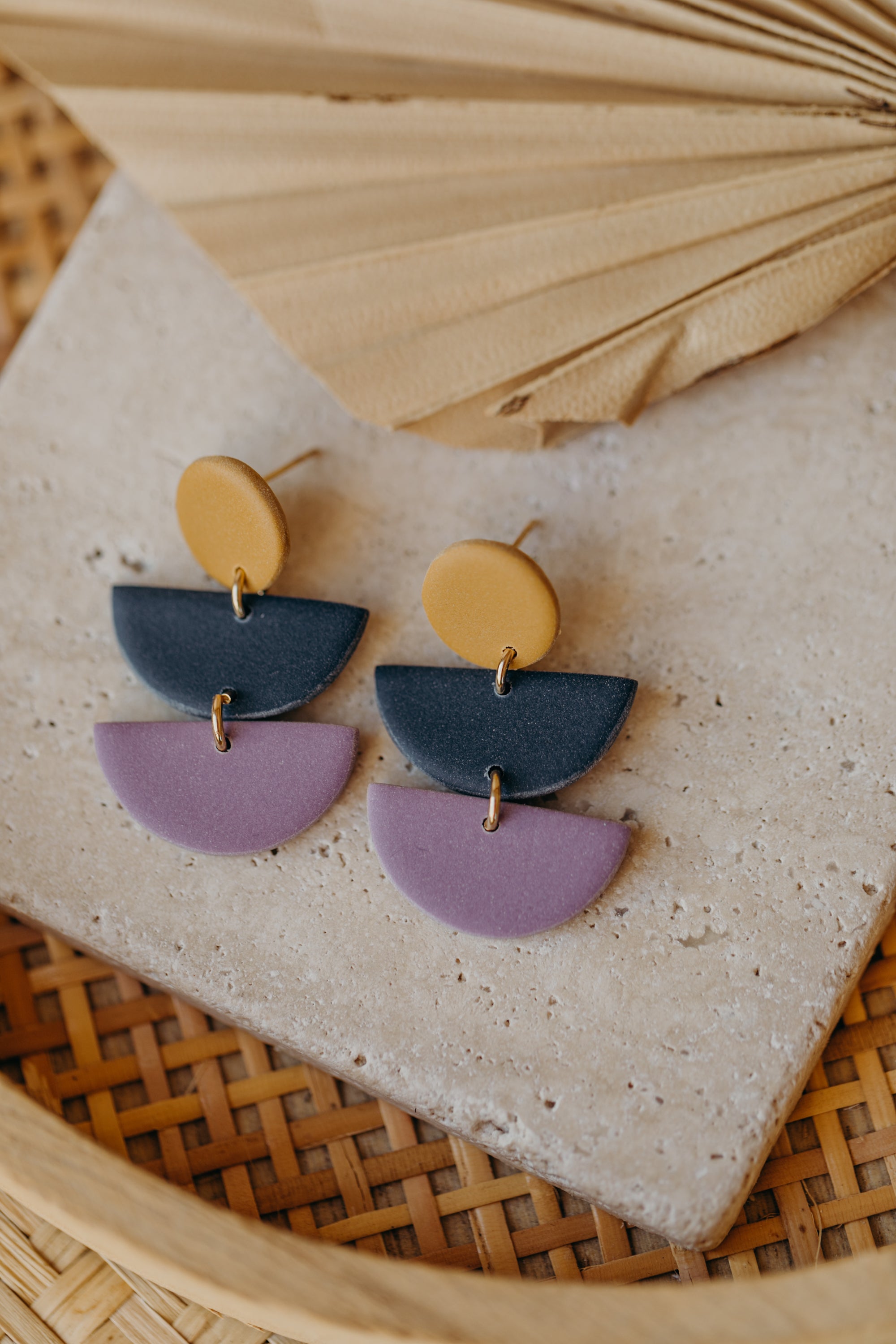 FRANCESCA - Polymer clay earrings in soft mustard yellow, dark blue and light purple