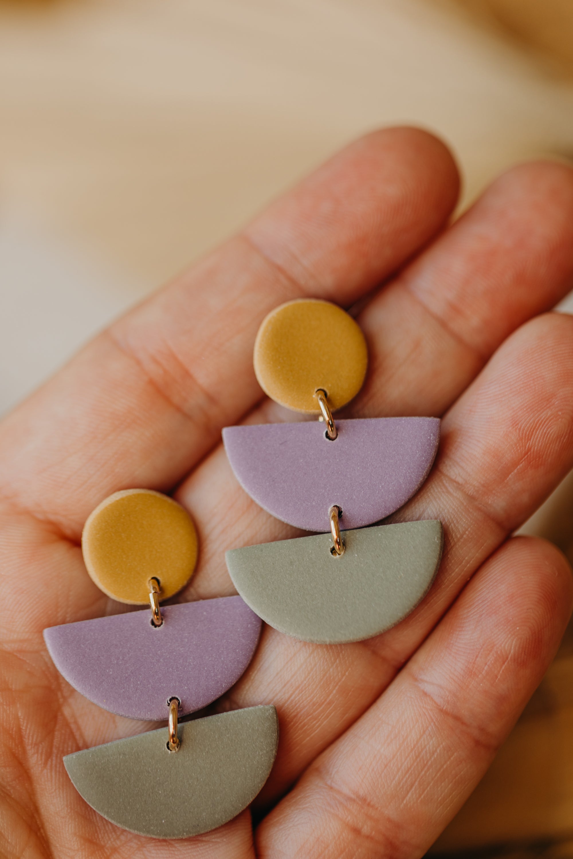 FRANCESCA - Polymer clay earrings in soft mustard yellow, light purple and eucalyptus green