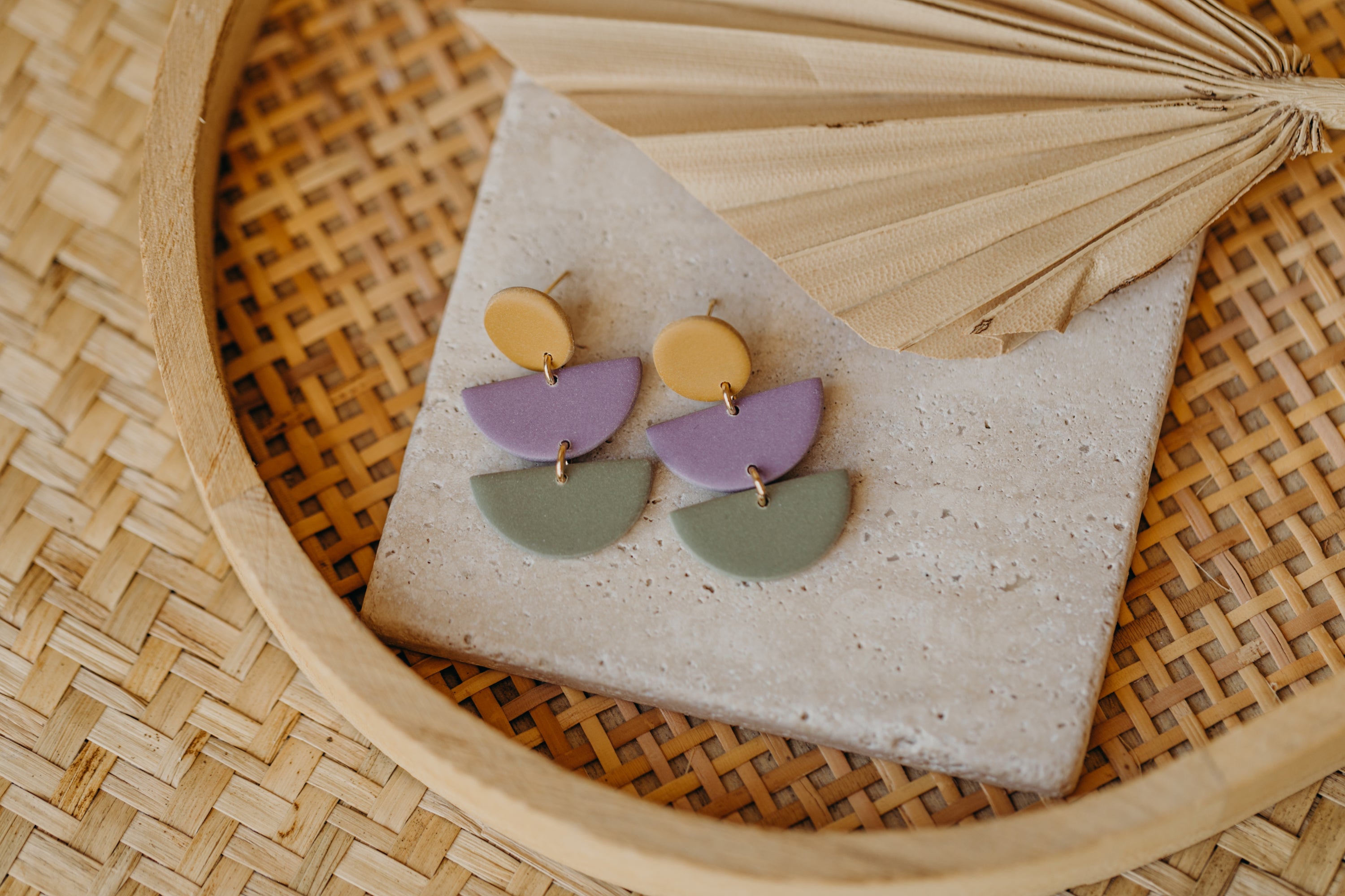 FRANCESCA - Polymer clay earrings in soft mustard yellow, light purple and eucalyptus green
