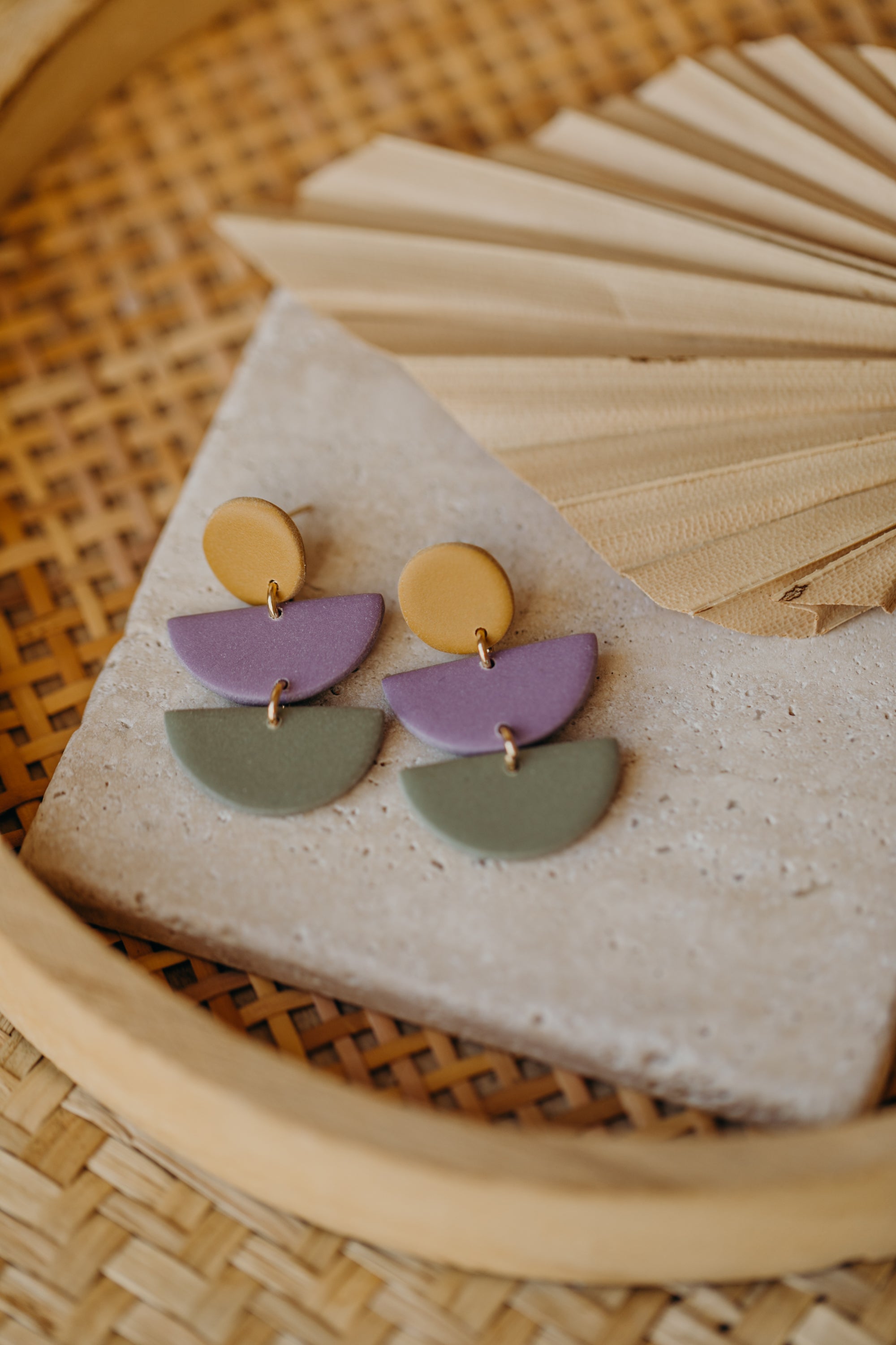 FRANCESCA - Polymer clay earrings in soft mustard yellow, light purple and eucalyptus green