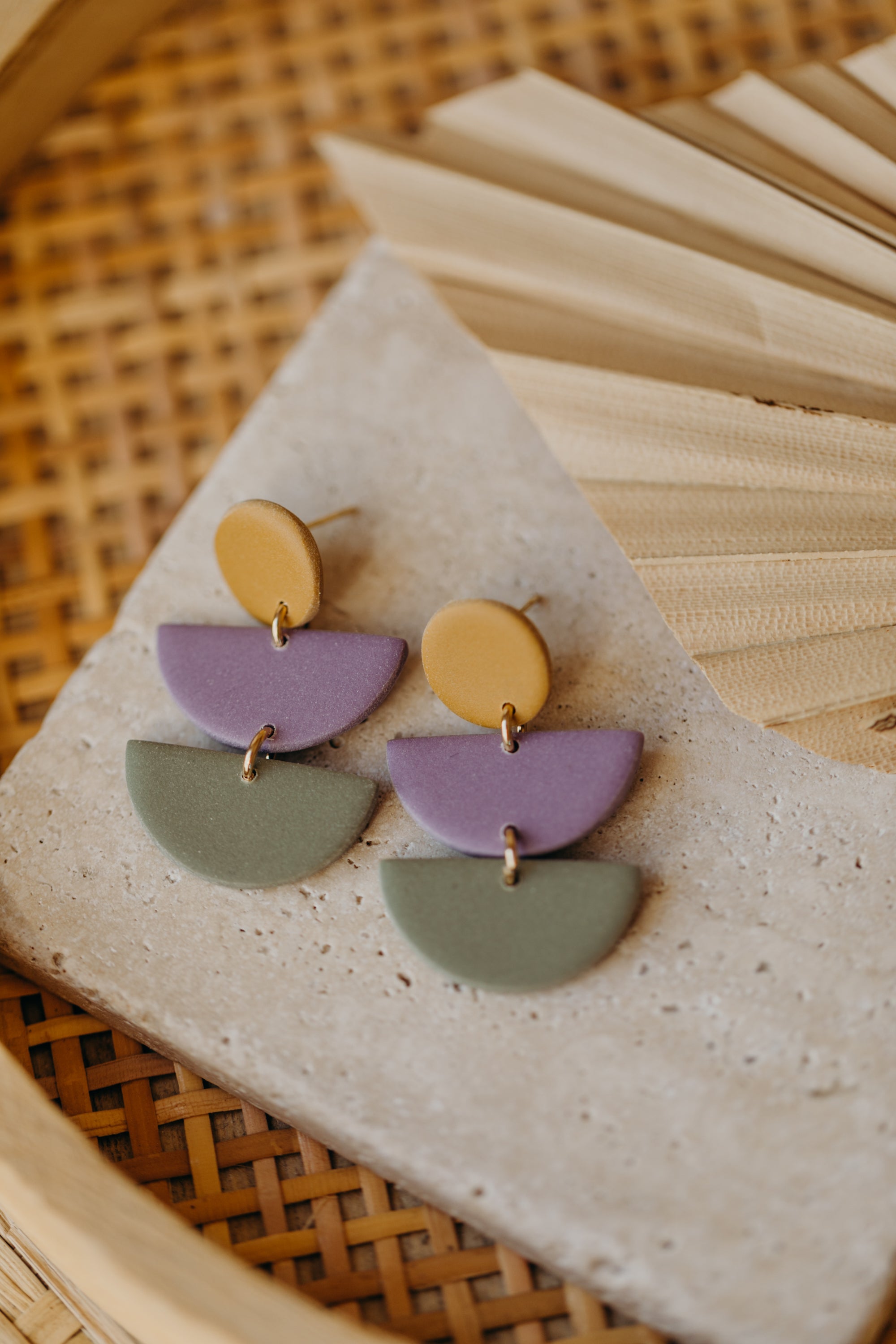 FRANCESCA - Polymer clay earrings in soft mustard yellow, light purple and eucalyptus green