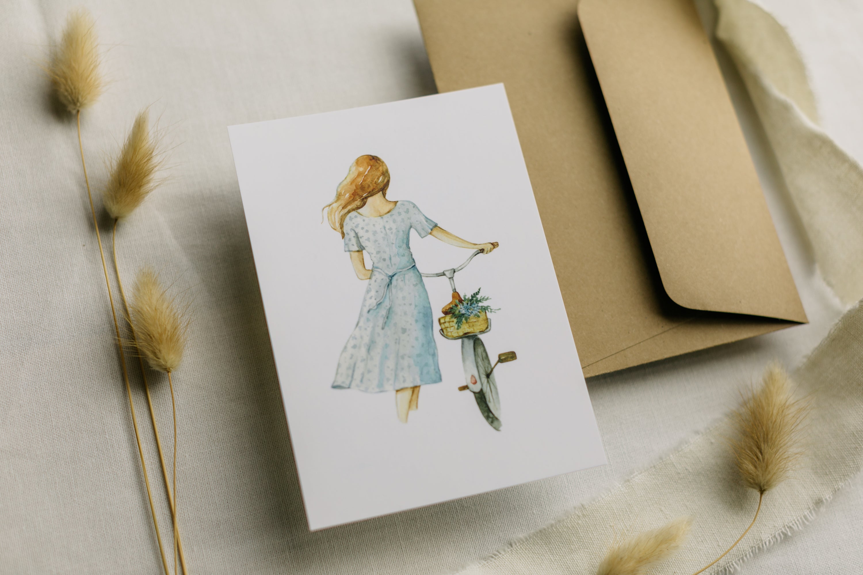 Postcard Woman with Bicycle with Flowers