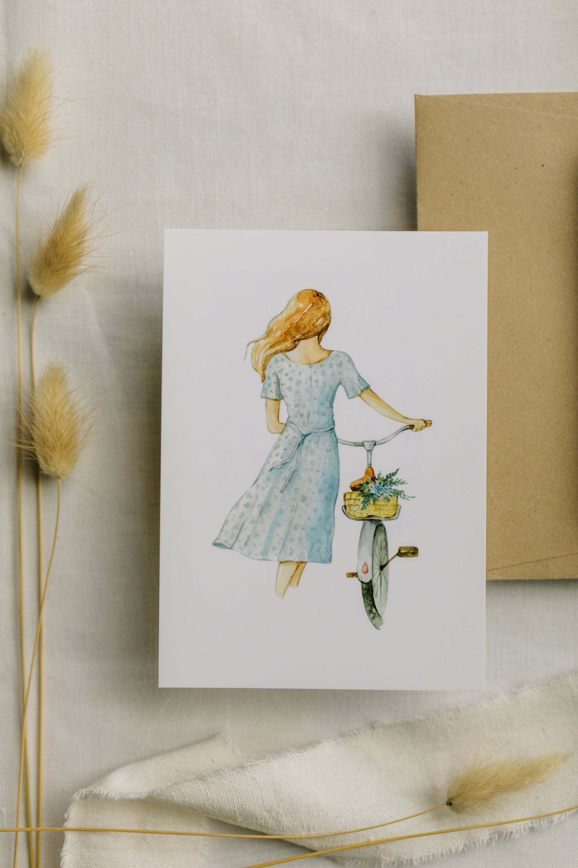 Postcard Woman with Bicycle with Flowers
