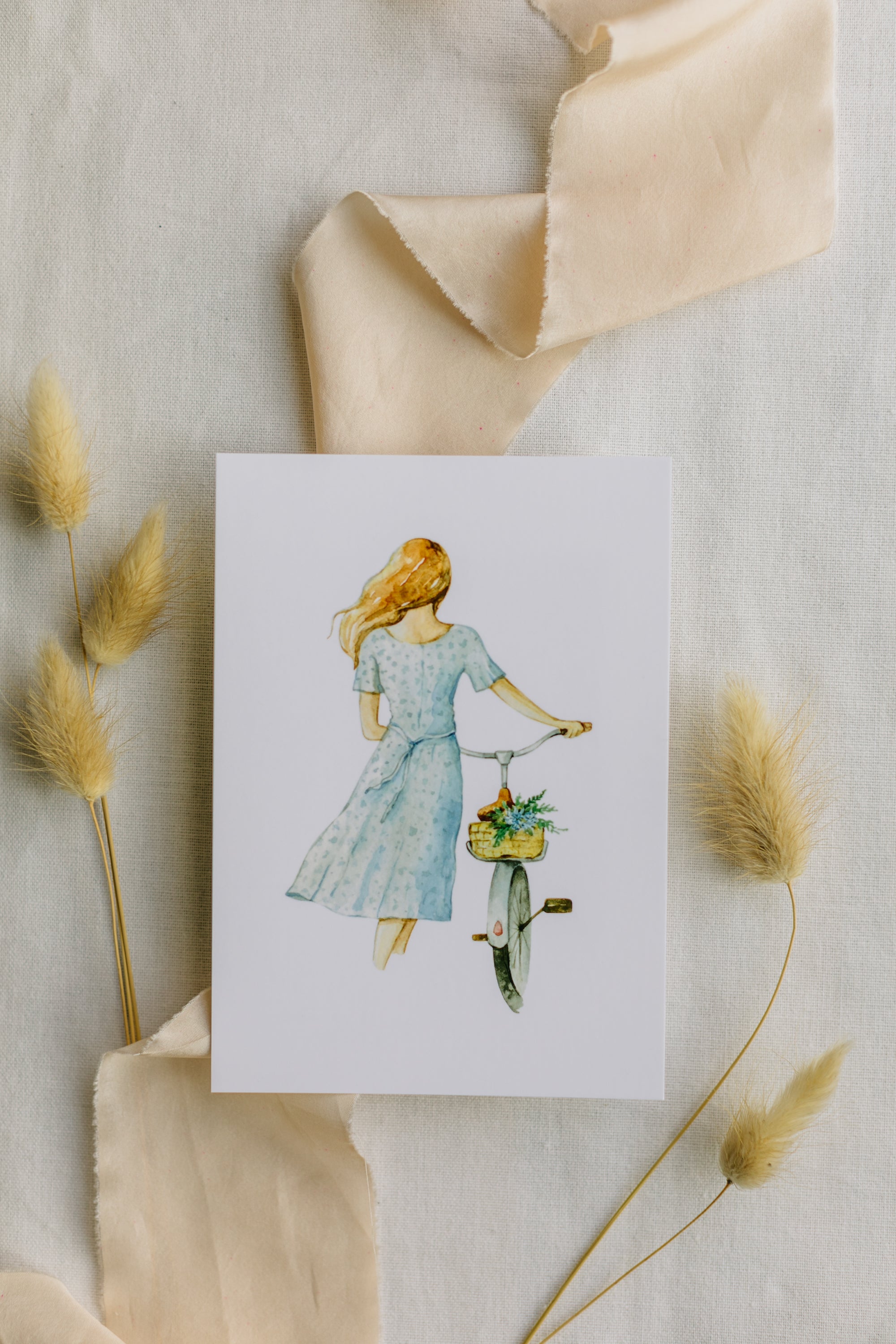 Postcard Woman with Bicycle with Flowers