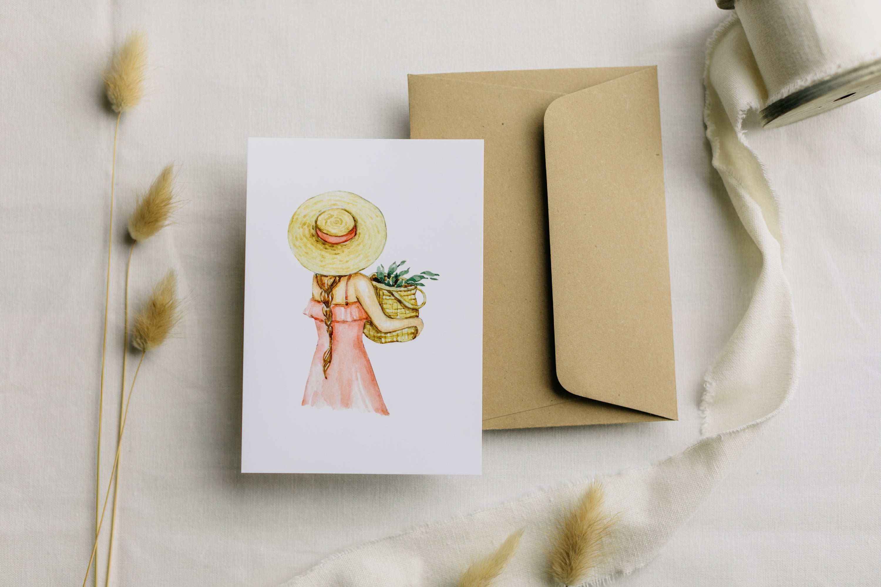 Postcard Woman with Basket of Flowers
