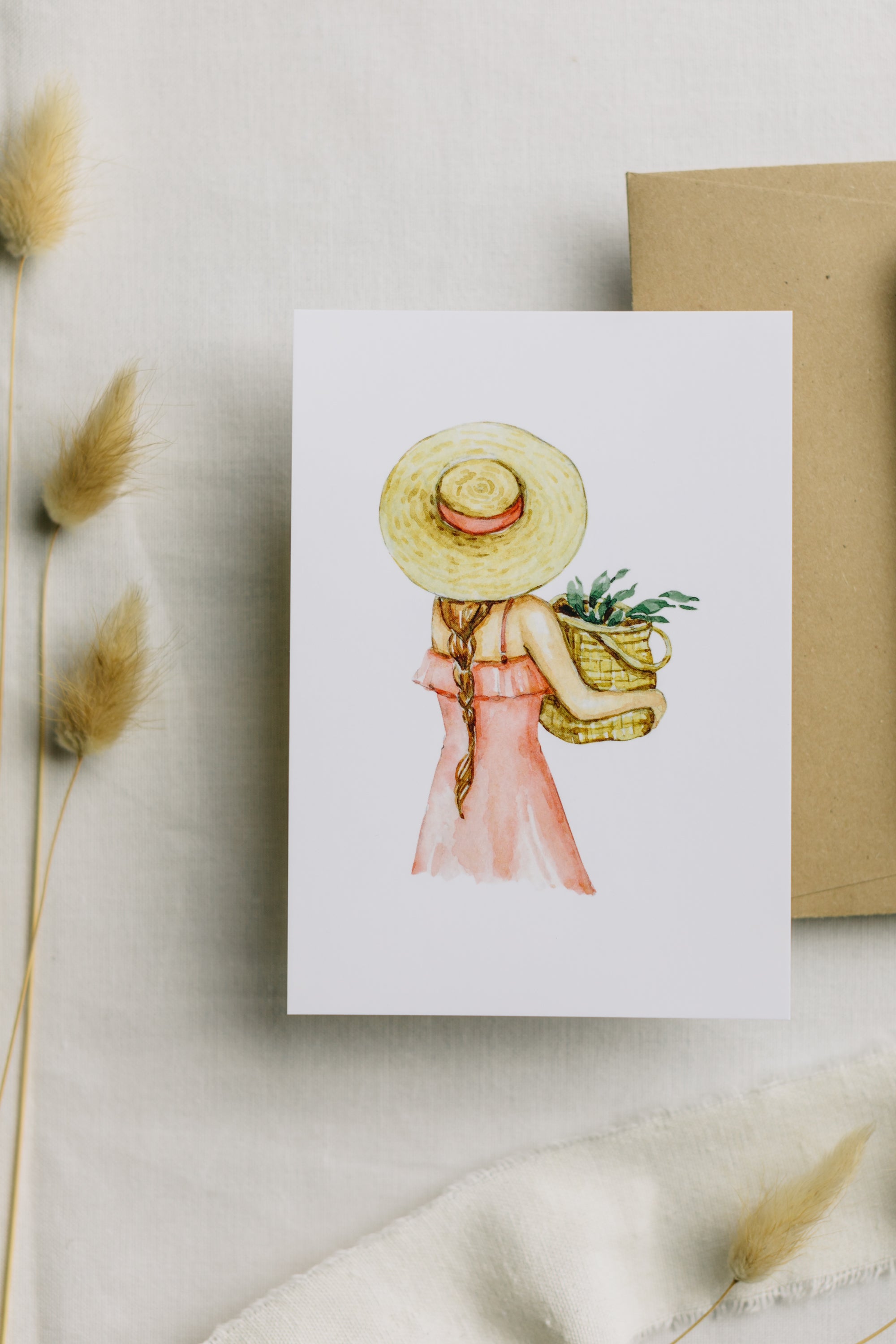 Postcard Woman with Basket of Flowers