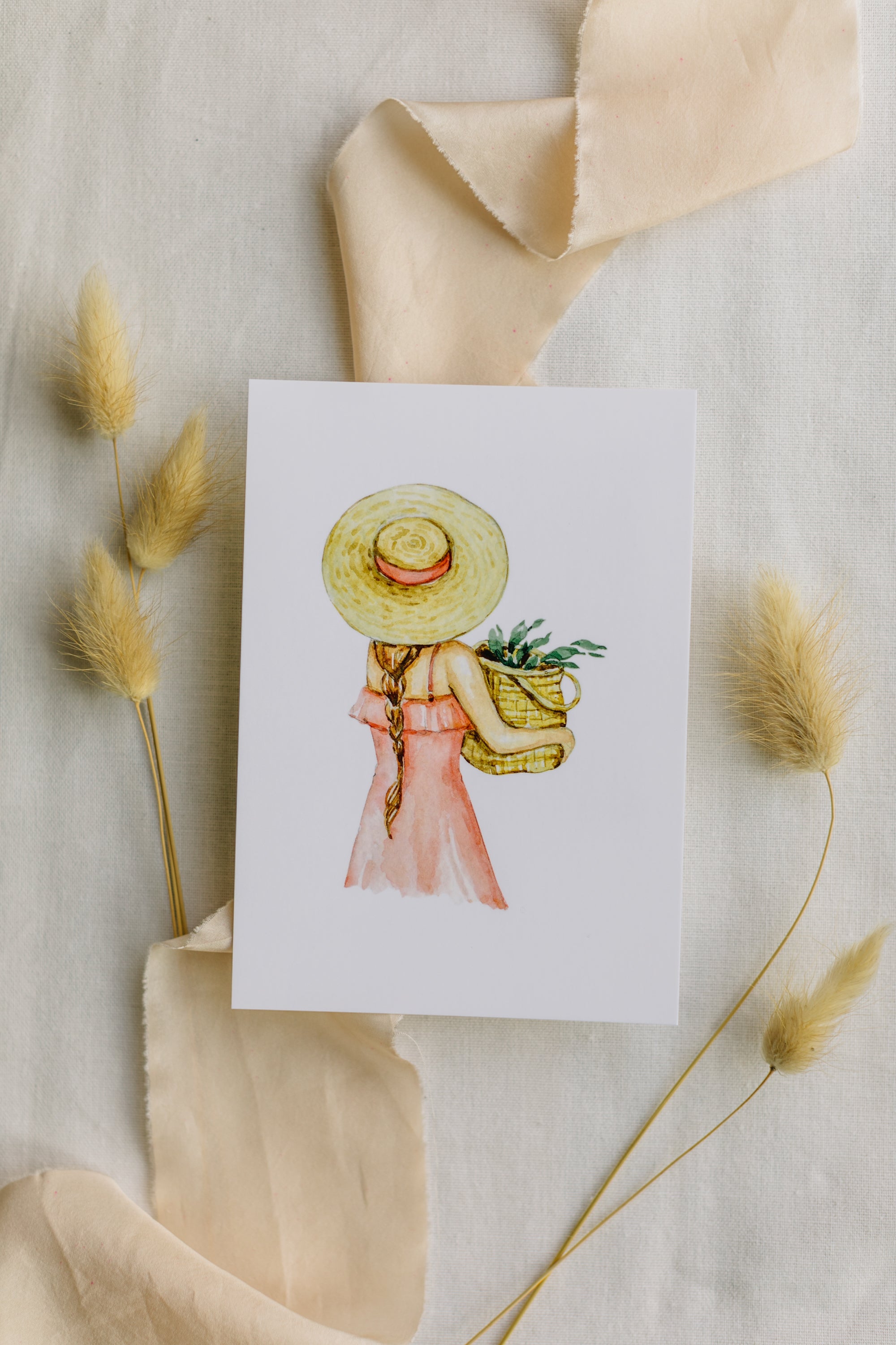 Postcard Woman with Basket of Flowers