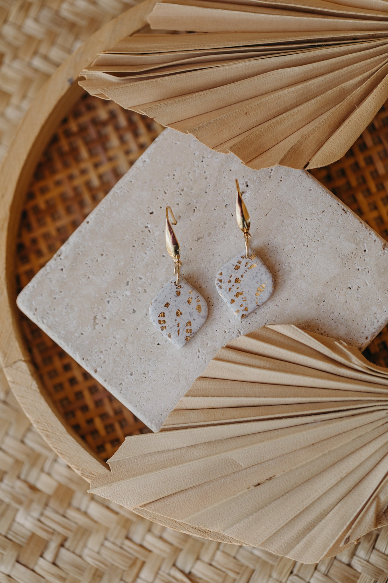 bright polymer clay earrings with gold leaf