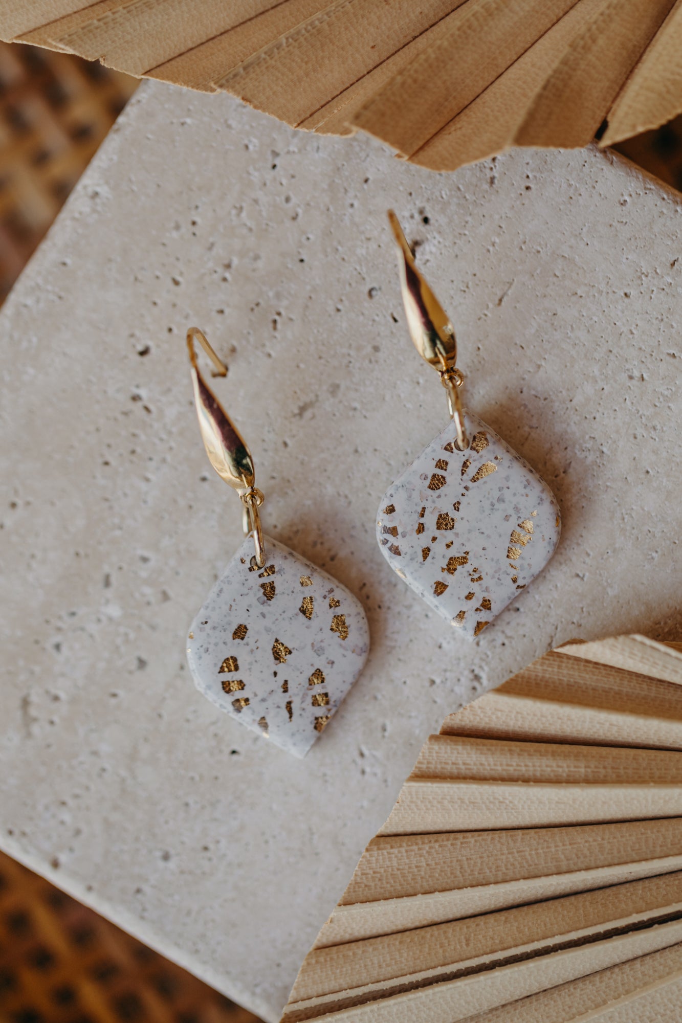 bright polymer clay earrings with gold leaf