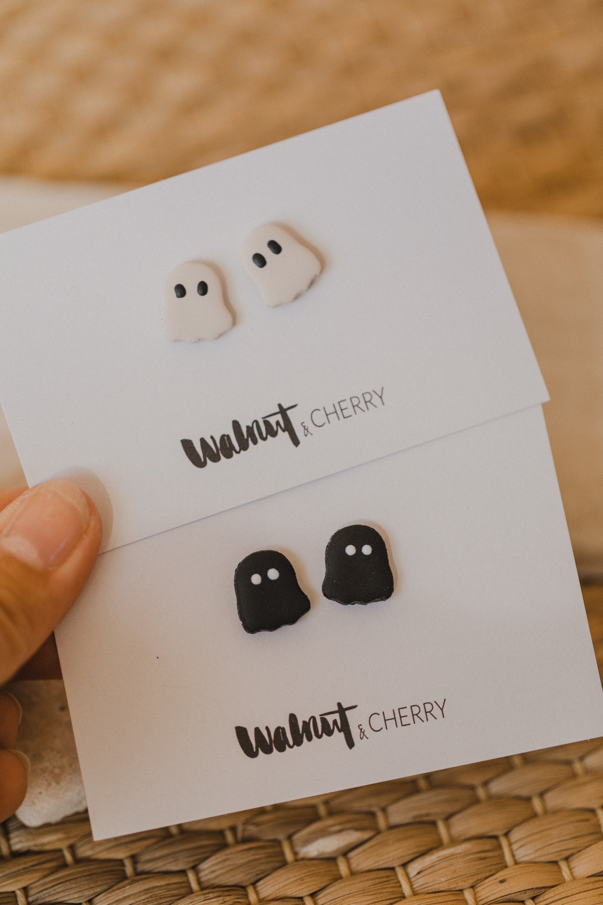 golden earrings with acrylic in white, petrol and brown