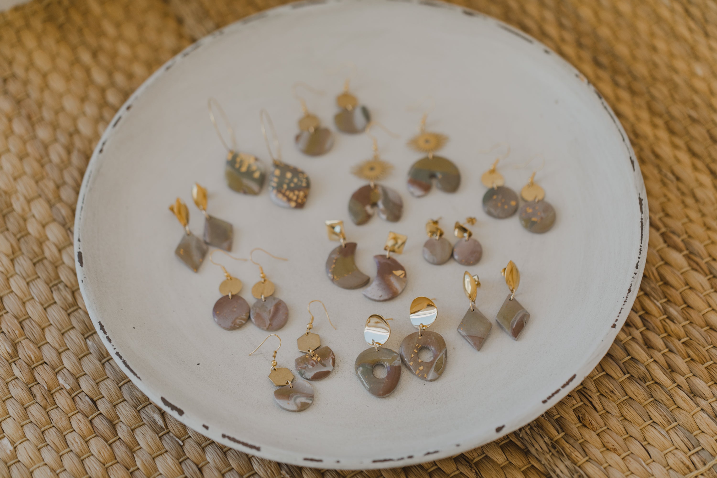 three-colored polymer clay earrings in ceramic look