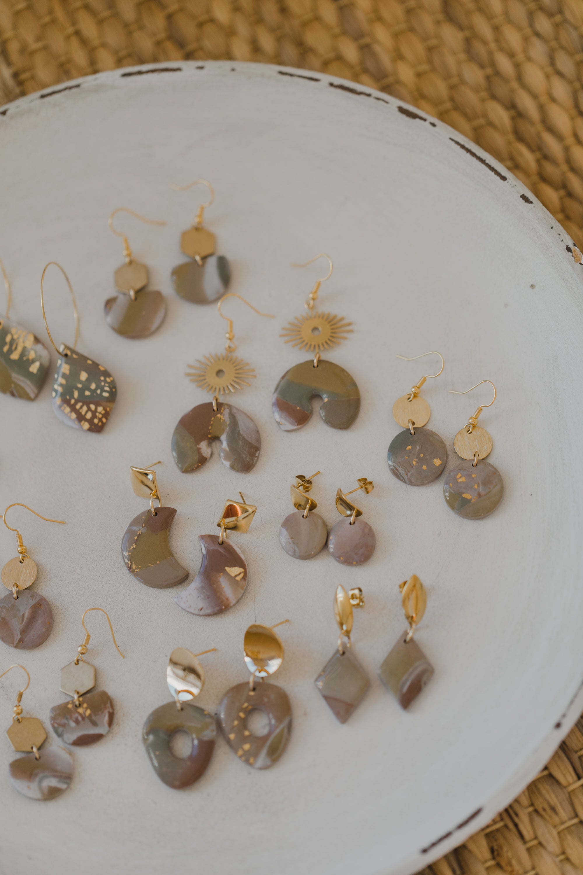 three-colored polymer clay earrings in ceramic look