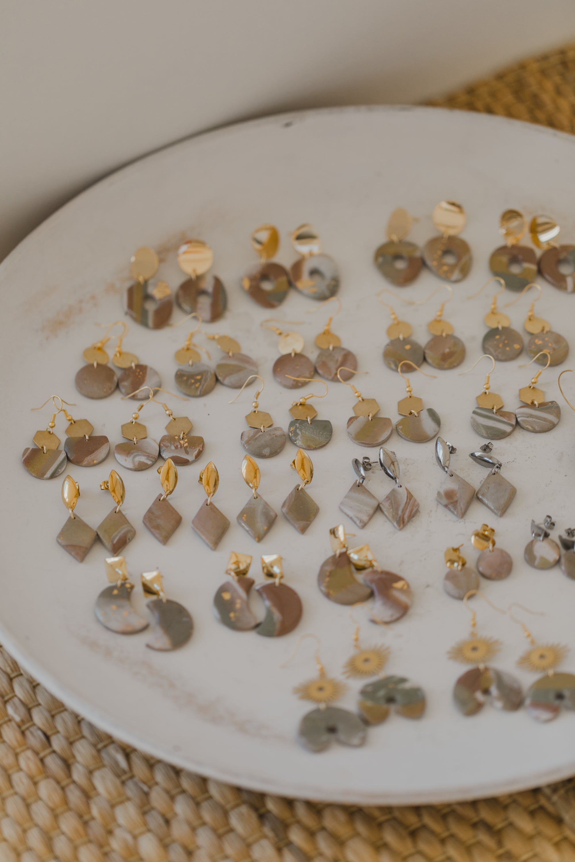 three-colored polymer clay earrings in ceramic look