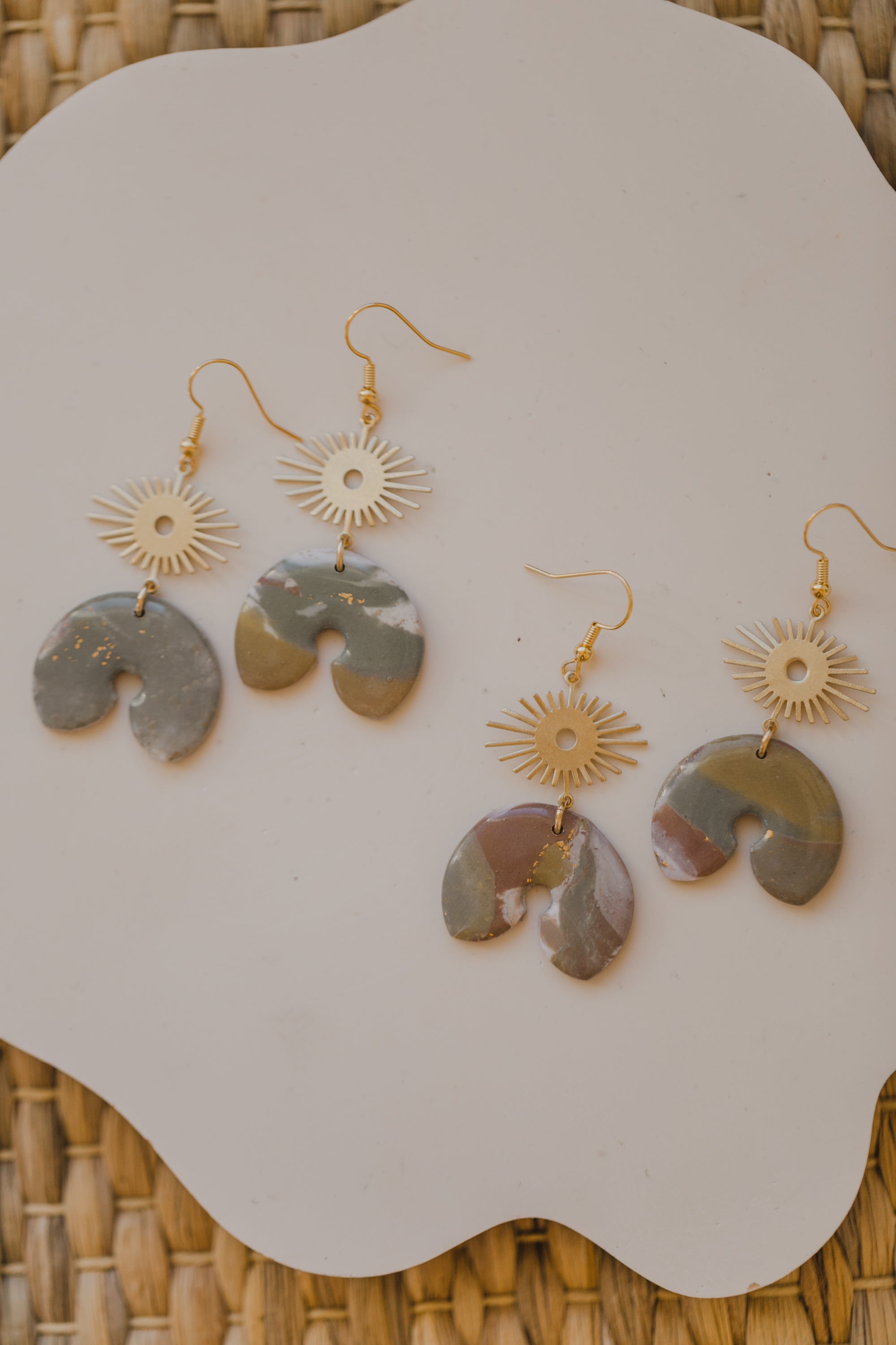 three-colored polymer clay earrings in ceramic look