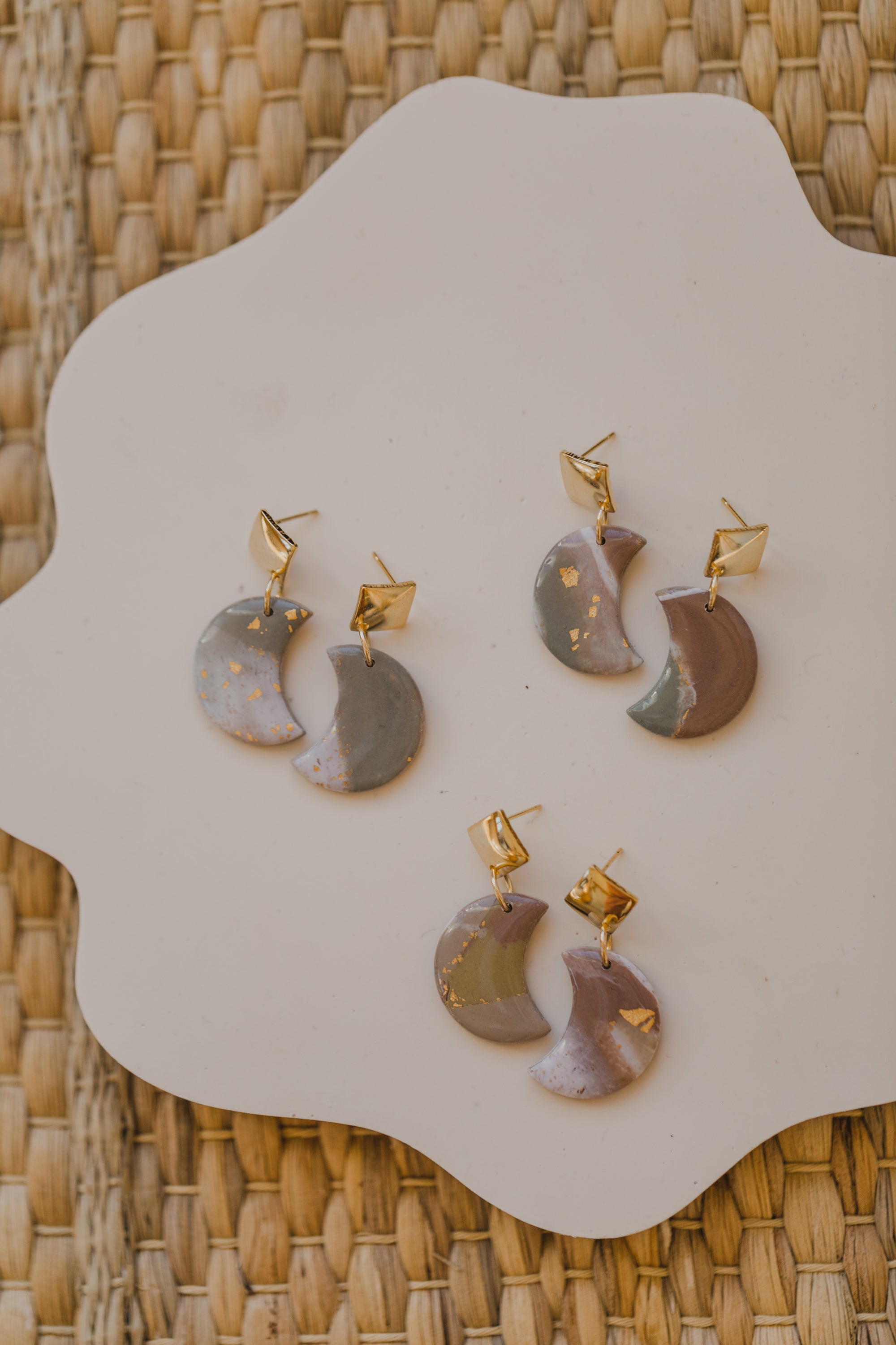 three-colored polymer clay earrings in ceramic look