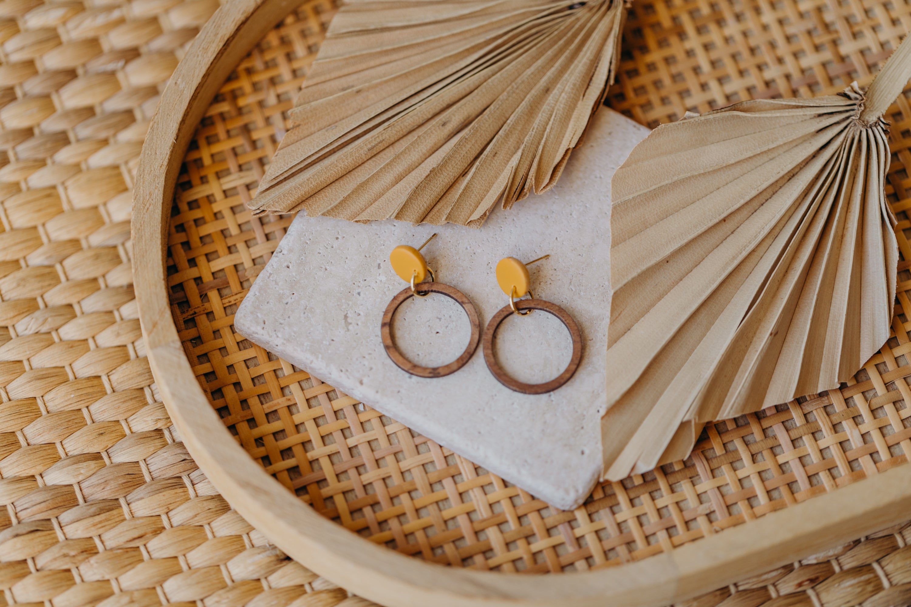 MALIA - mustard yellow polymer clay earrings with wooden pendant circle