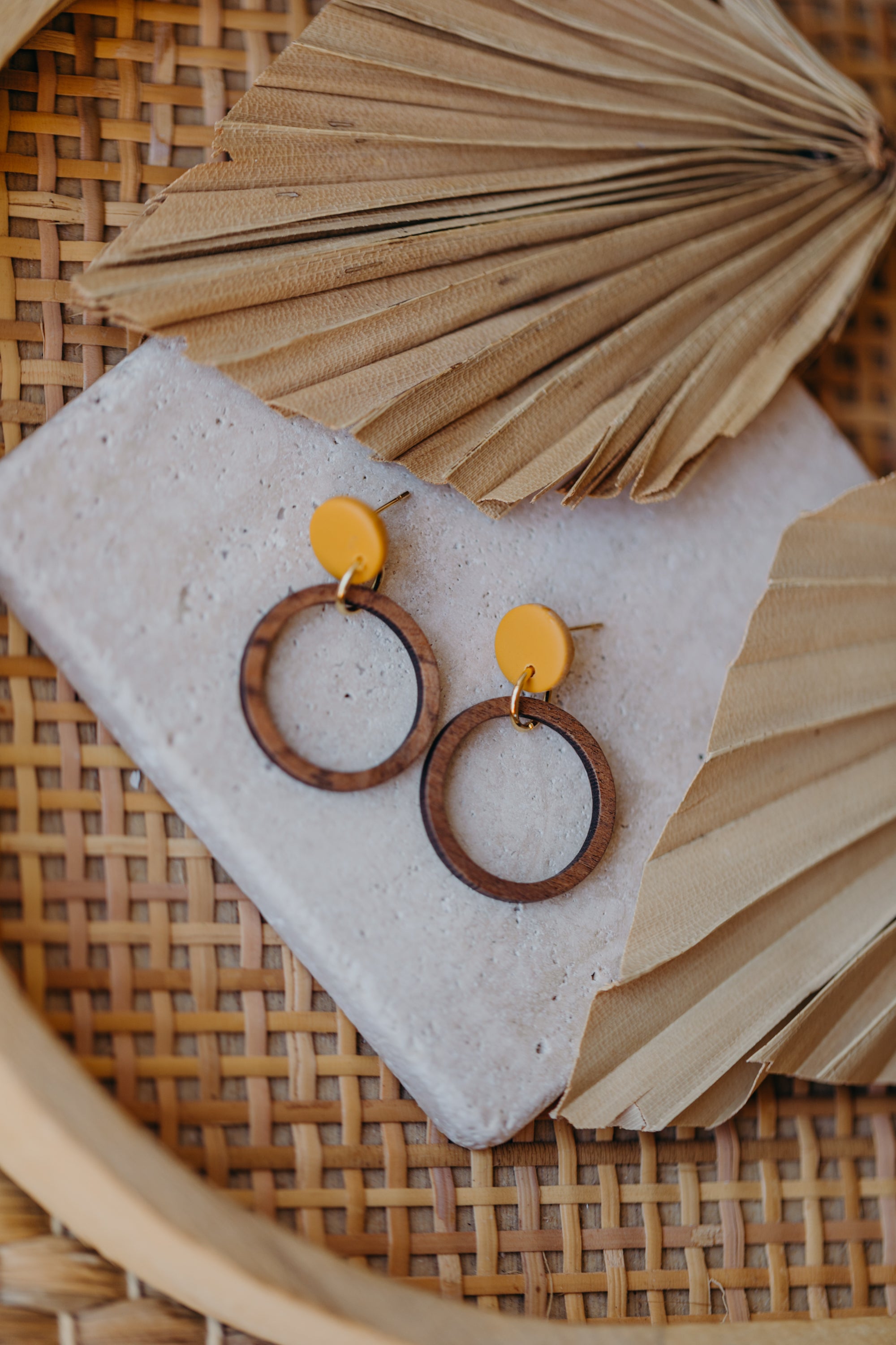 MALIA - mustard yellow polymer clay earrings with wooden pendant circle