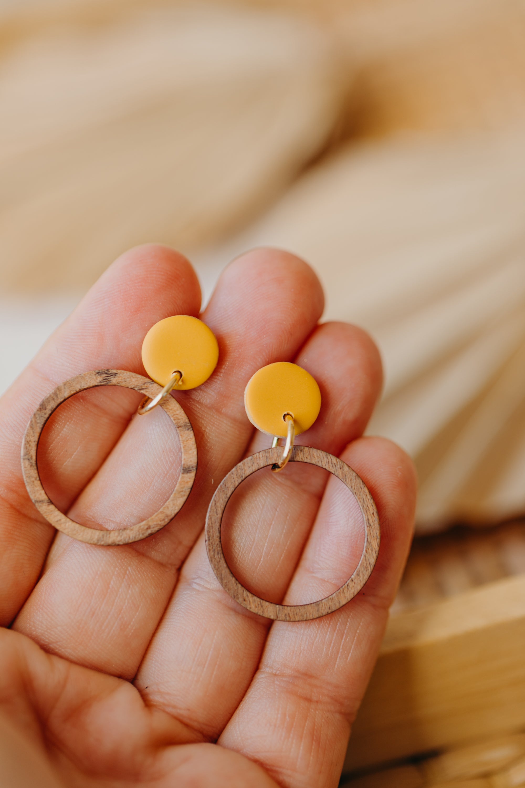 MALIA - mustard yellow polymer clay earrings with wooden pendant circle