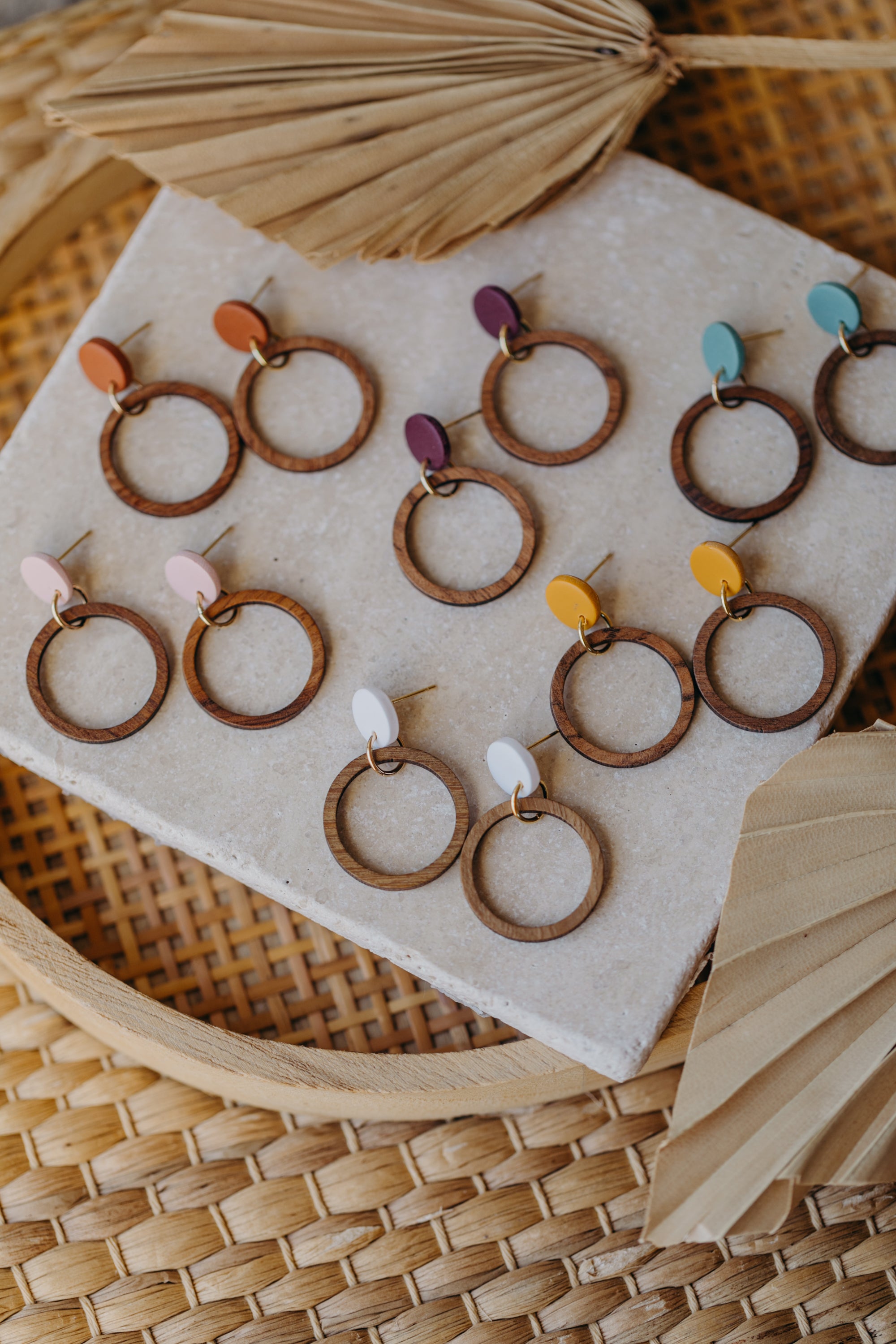 MALIA - mustard yellow polymer clay earrings with wooden pendant circle