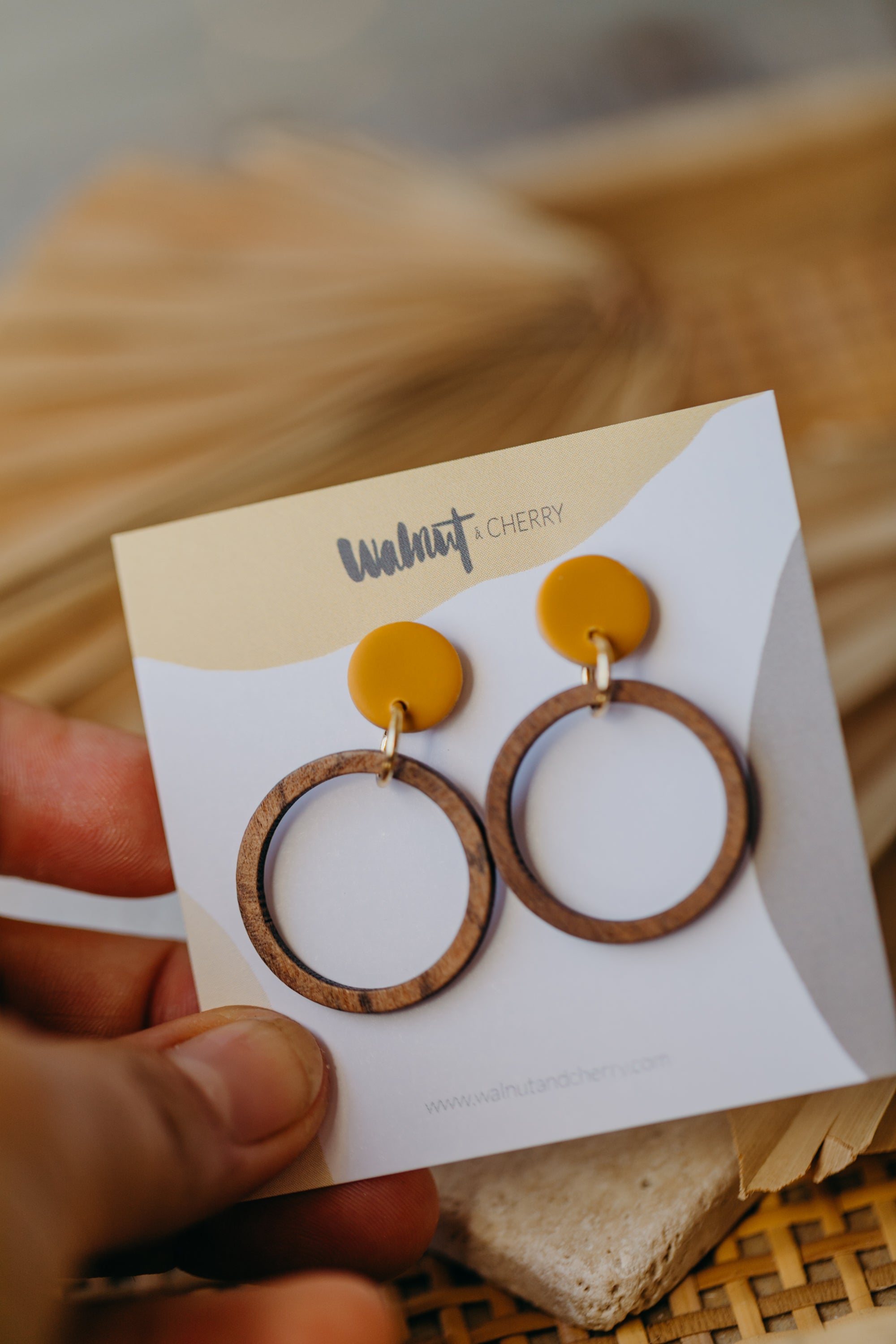 MALIA - mustard yellow polymer clay earrings with wooden pendant circle