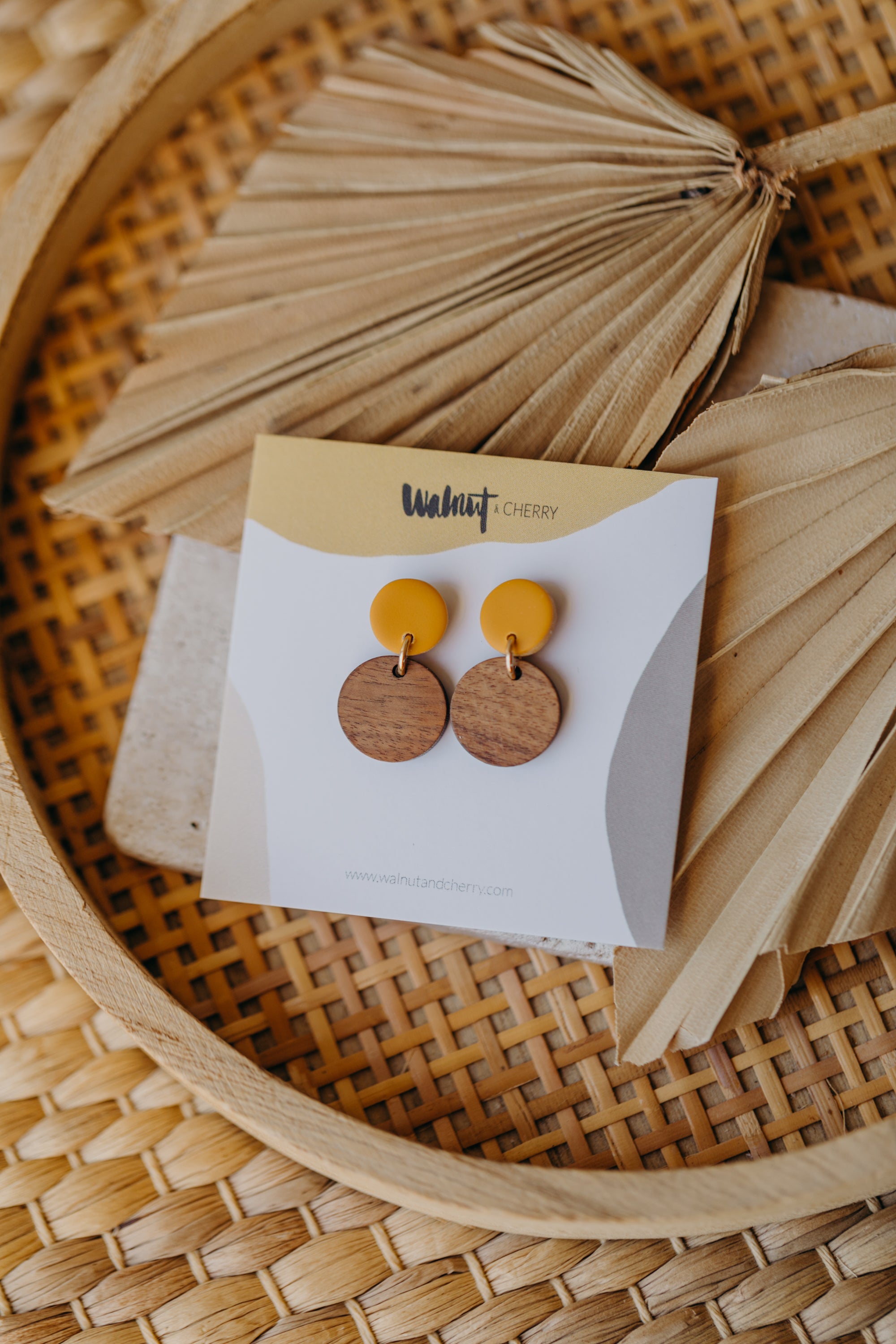 YUMI - mustard yellow round polymer clay earrings with round wooden pendant