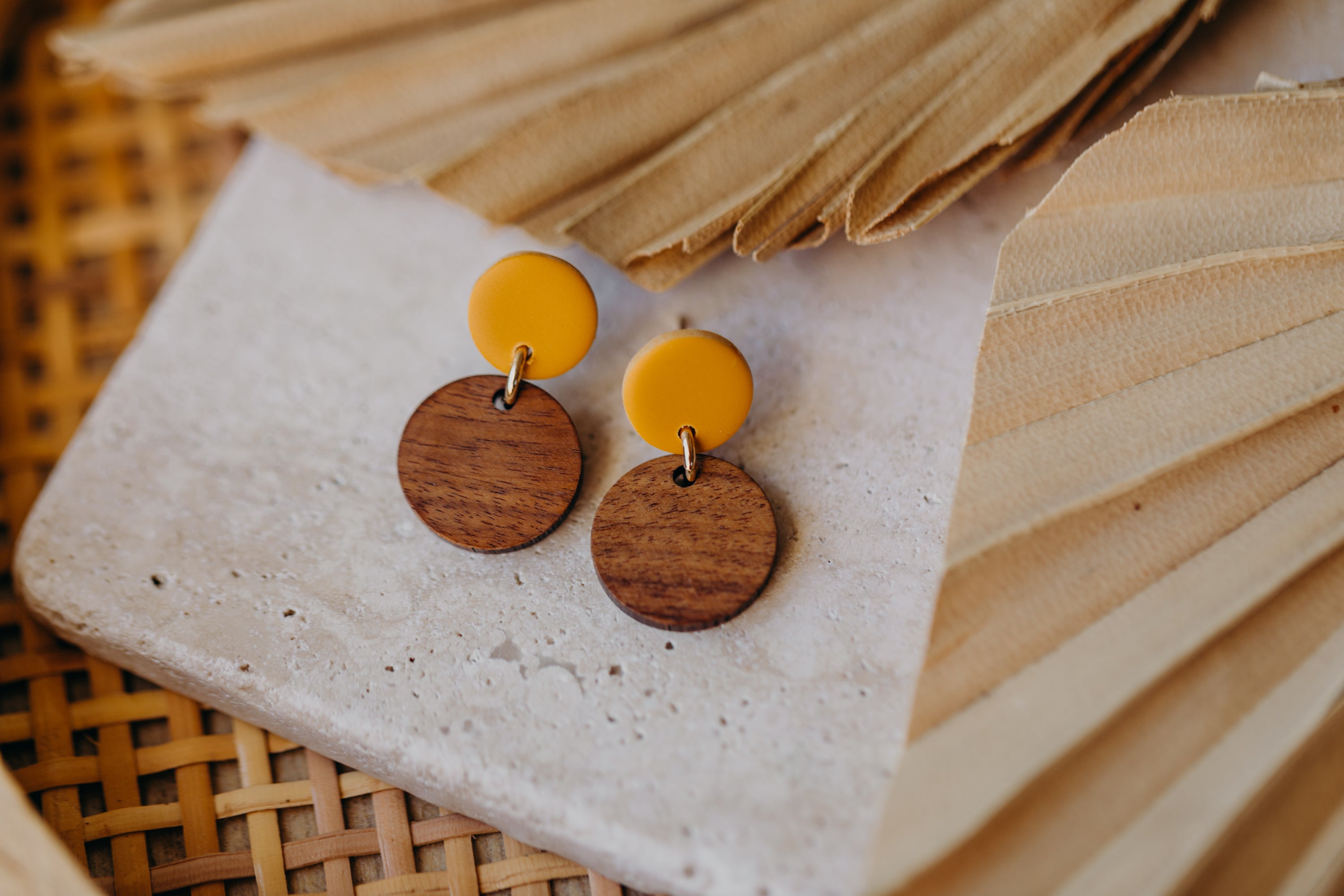 YUMI - mustard yellow round polymer clay earrings with round wooden pendant