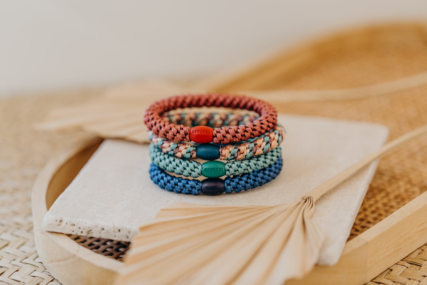 KKNEKKI Hair Tie Set 005: 4 hair ties in a set in red, green and blue tones
