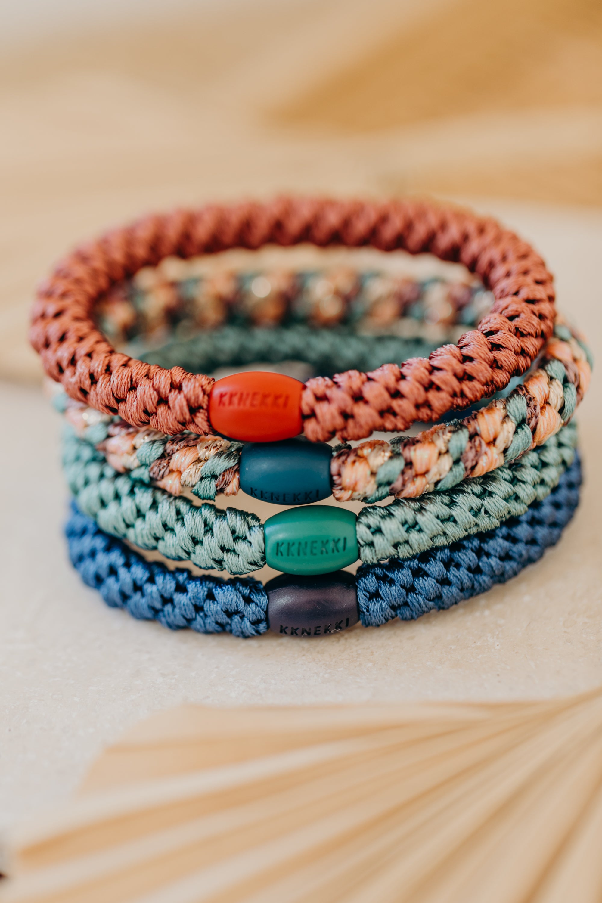 KKNEKKI Hair Tie Set 005: 4 hair ties in a set in red, green and blue tones