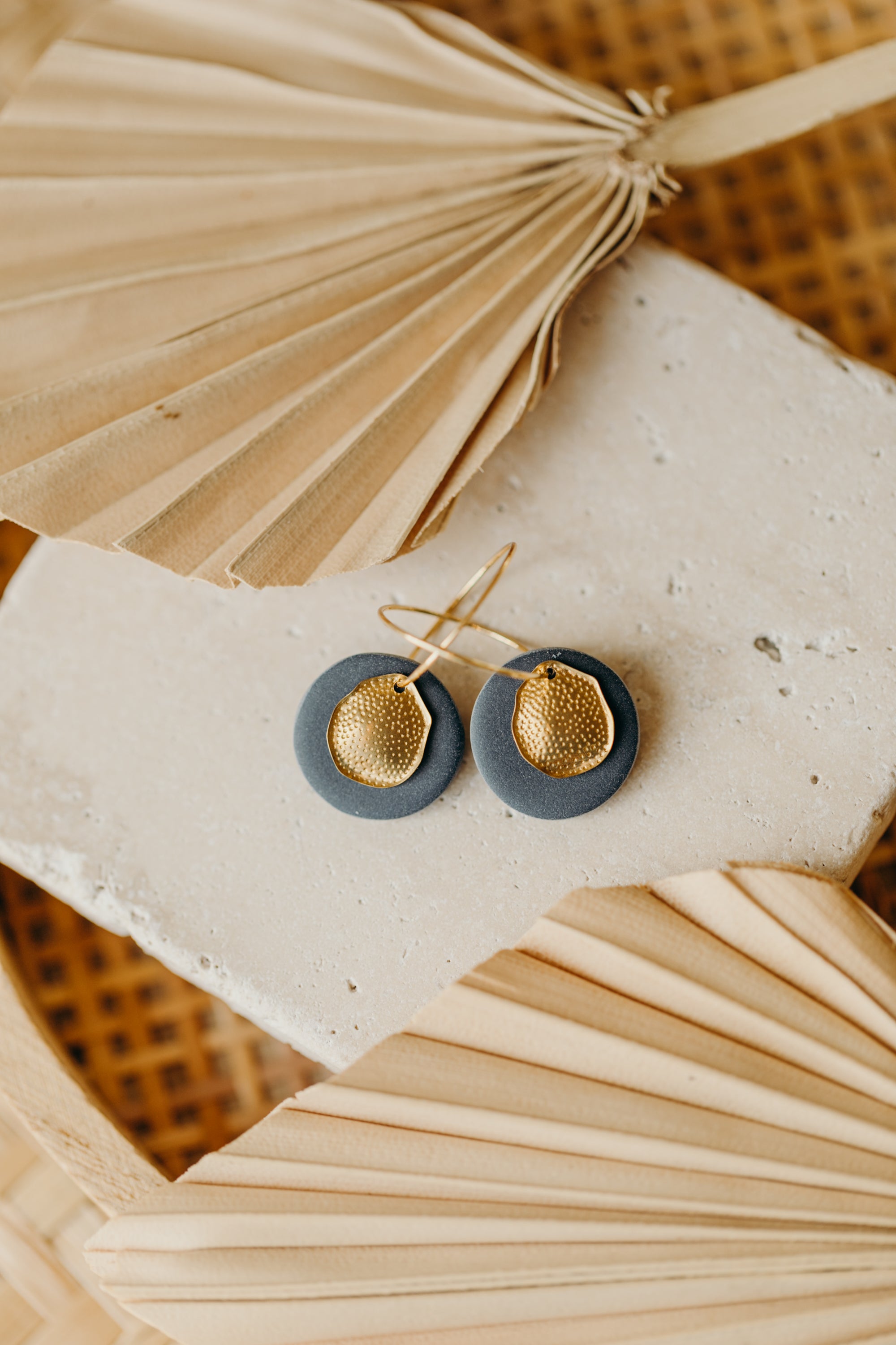 Hoop earrings with round polymer clay pendant and leaf