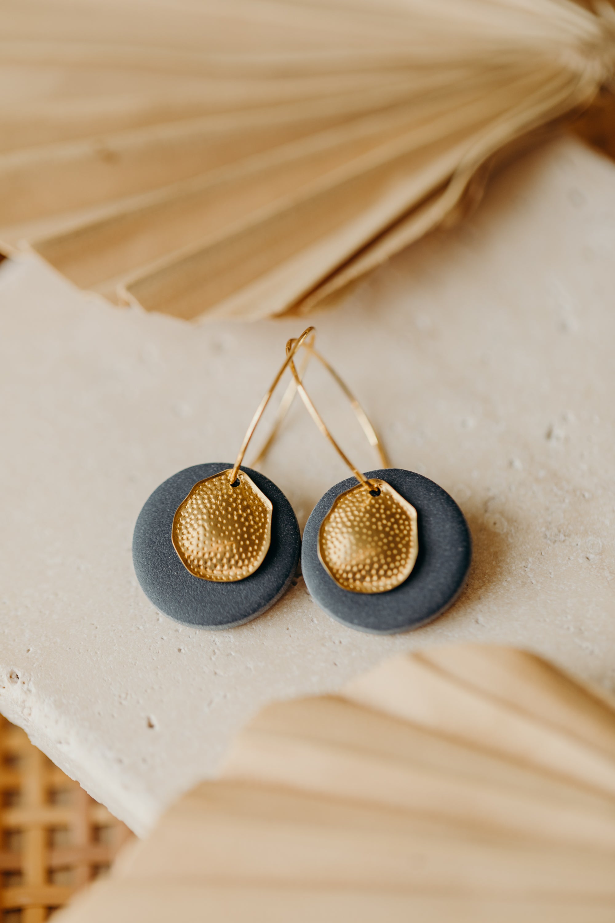 Hoop earrings with round polymer clay pendant and leaf