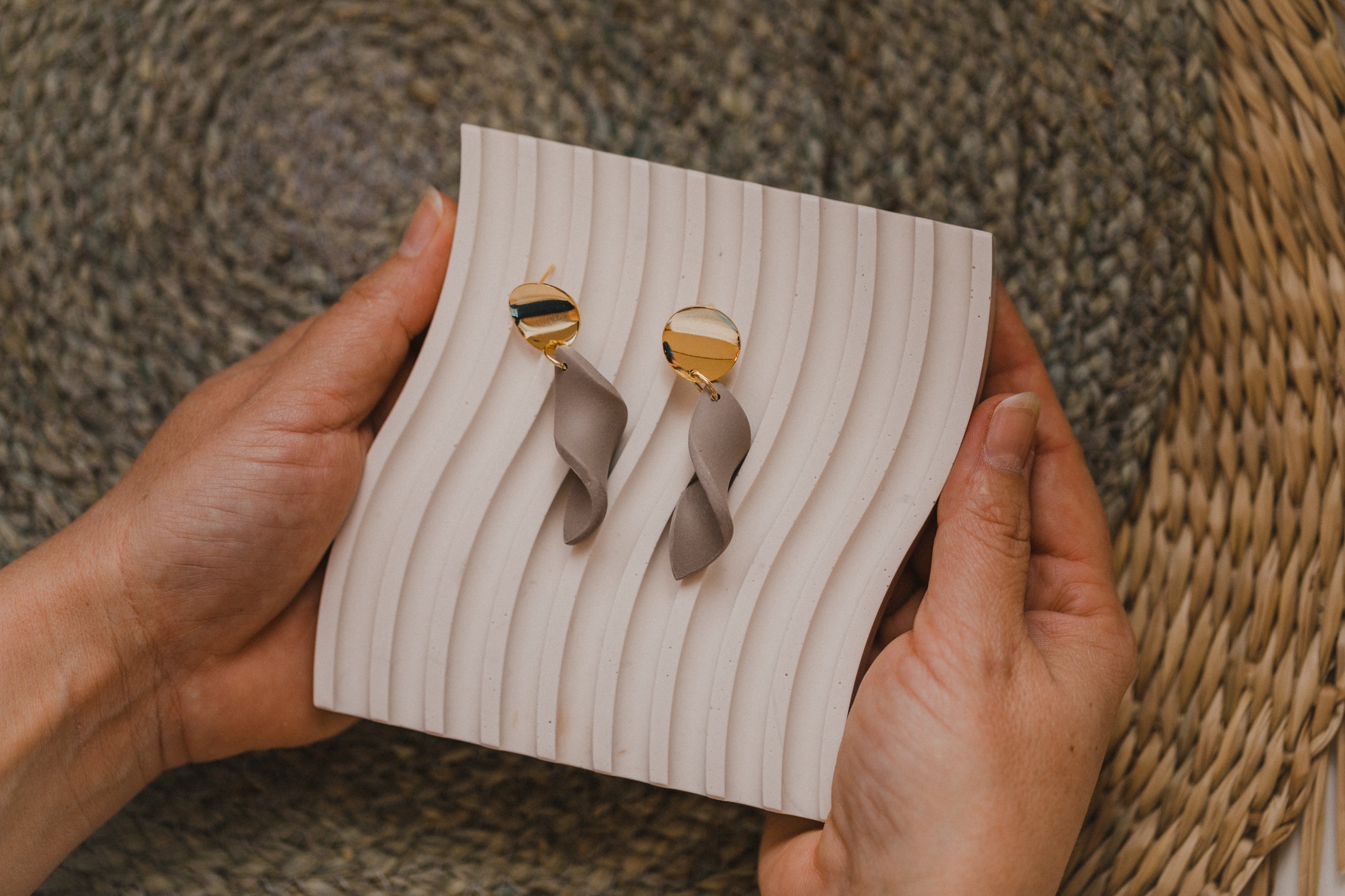 Hoop earrings with round polymer clay pendant and leaf