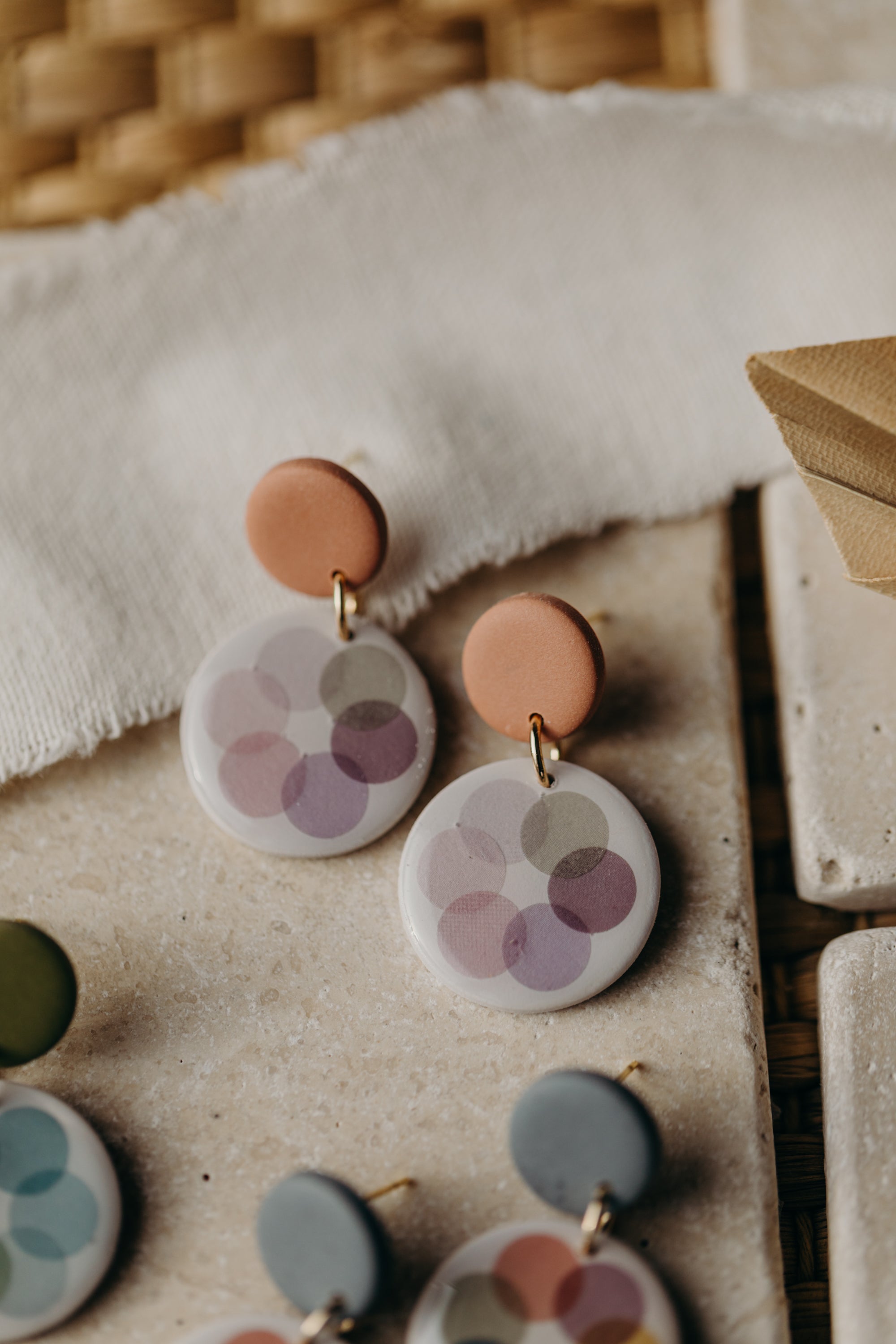 MARLA - round purple polymer clay earrings with pink and grey dots