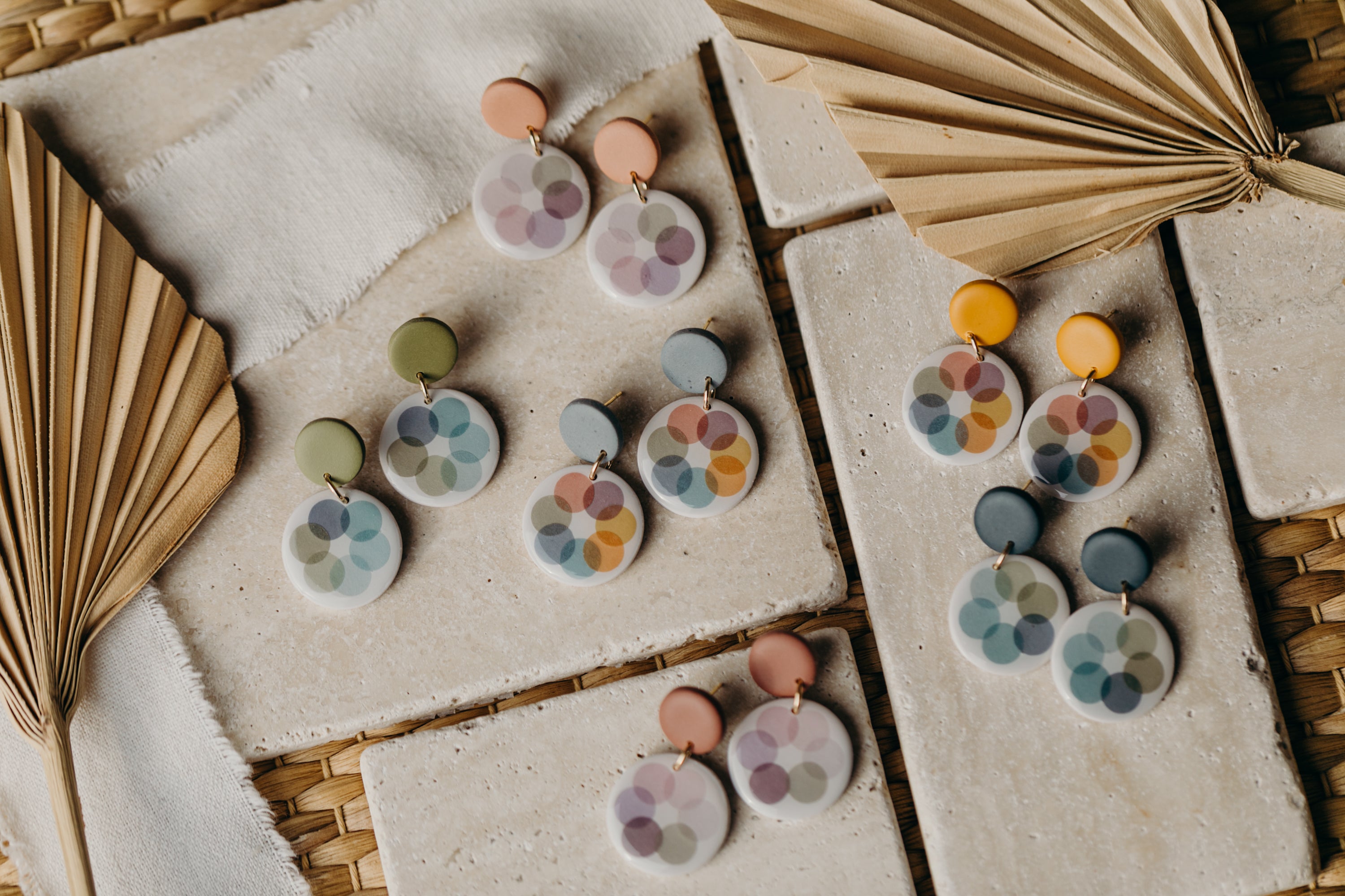 MARLA - round old pink polymer clay earrings with pink and grey dots