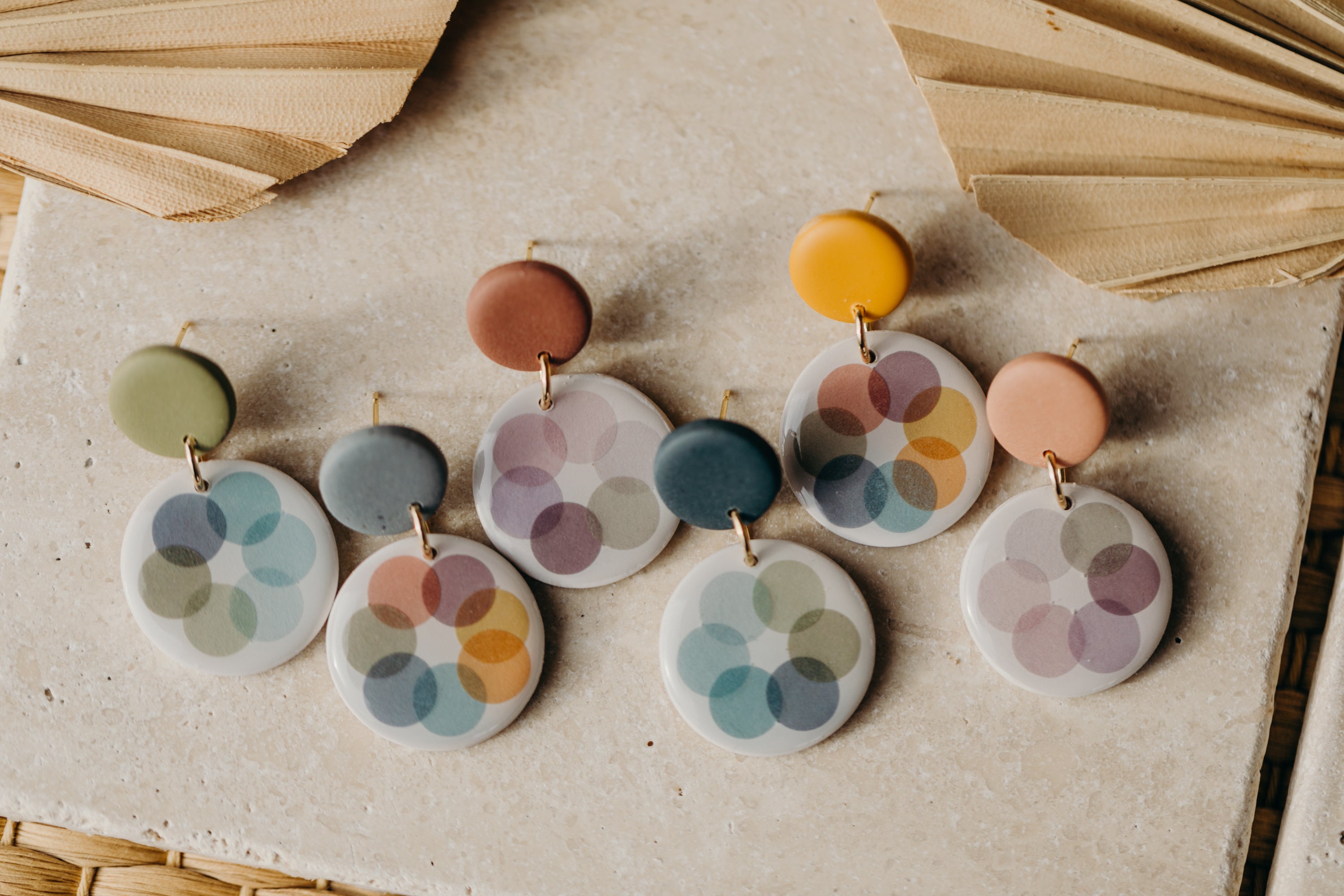 MARLA - round old pink polymer clay earrings with pink and grey dots