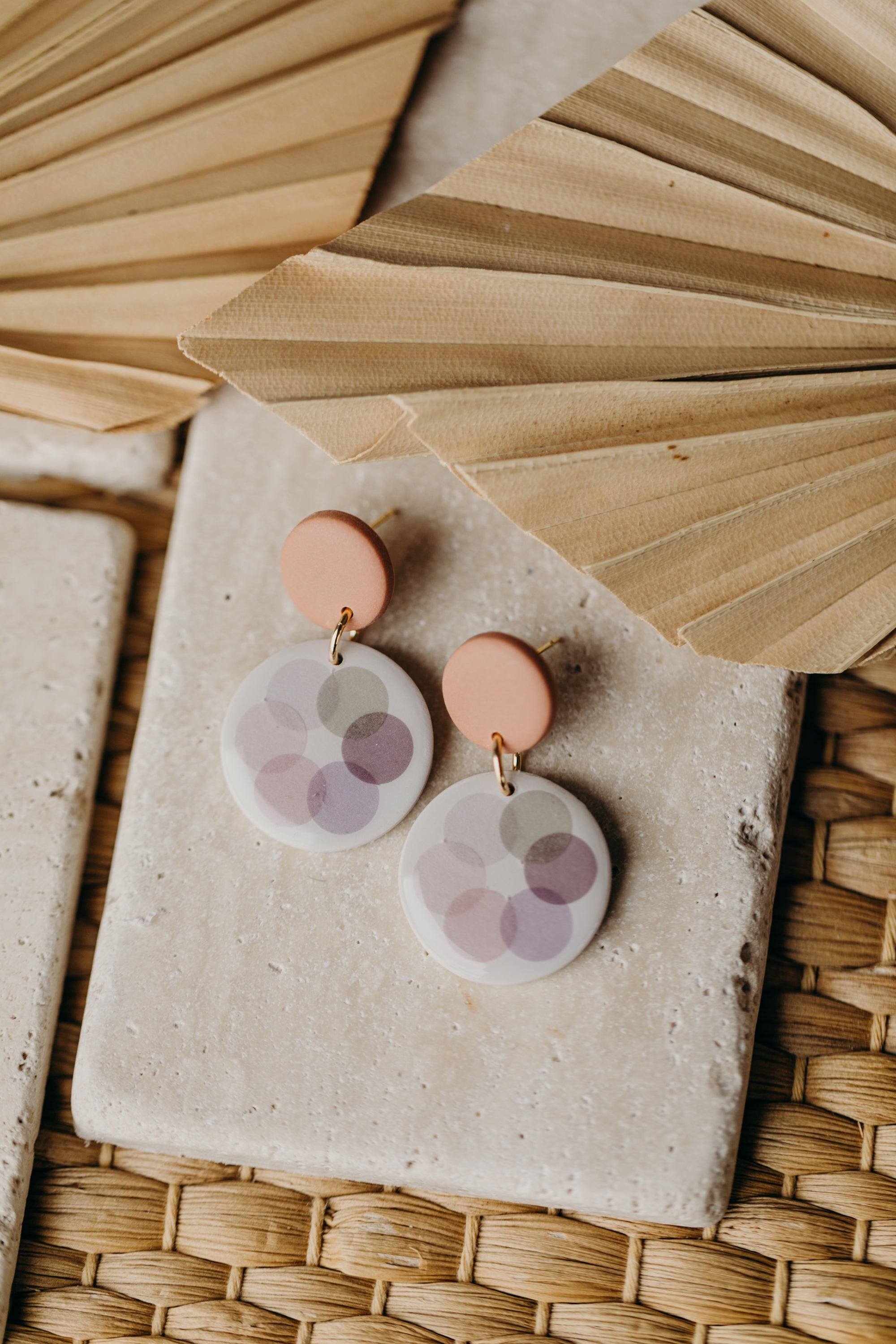 MARLA - round old pink polymer clay earrings with pink and grey dots
